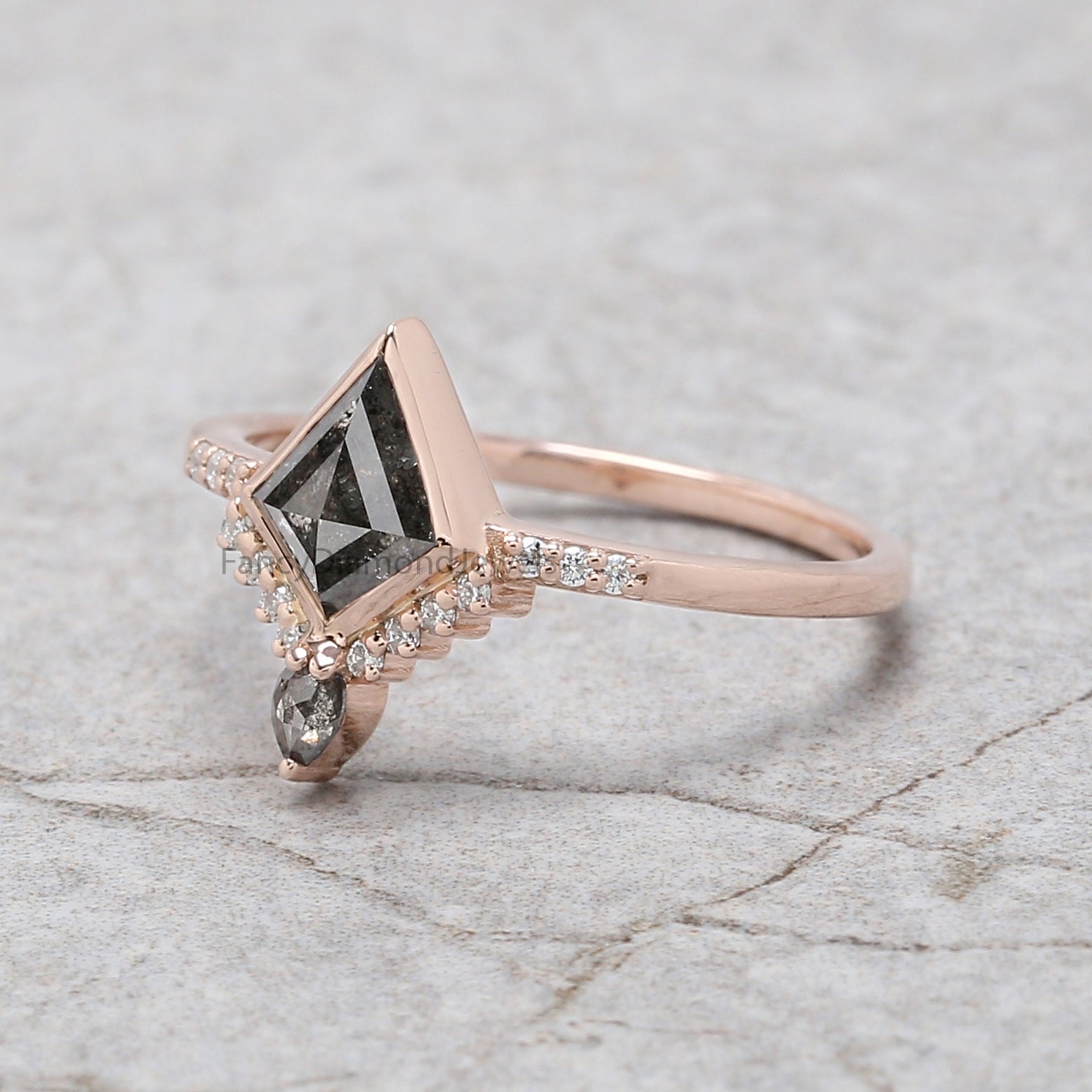Kite Cut Salt And Pepper Diamond Ring 0.60 Ct 7.20 MM Kite Diamond Ring 14K Solid Rose Gold Silver Kite Engagement Ring Gift For Her QN2095
