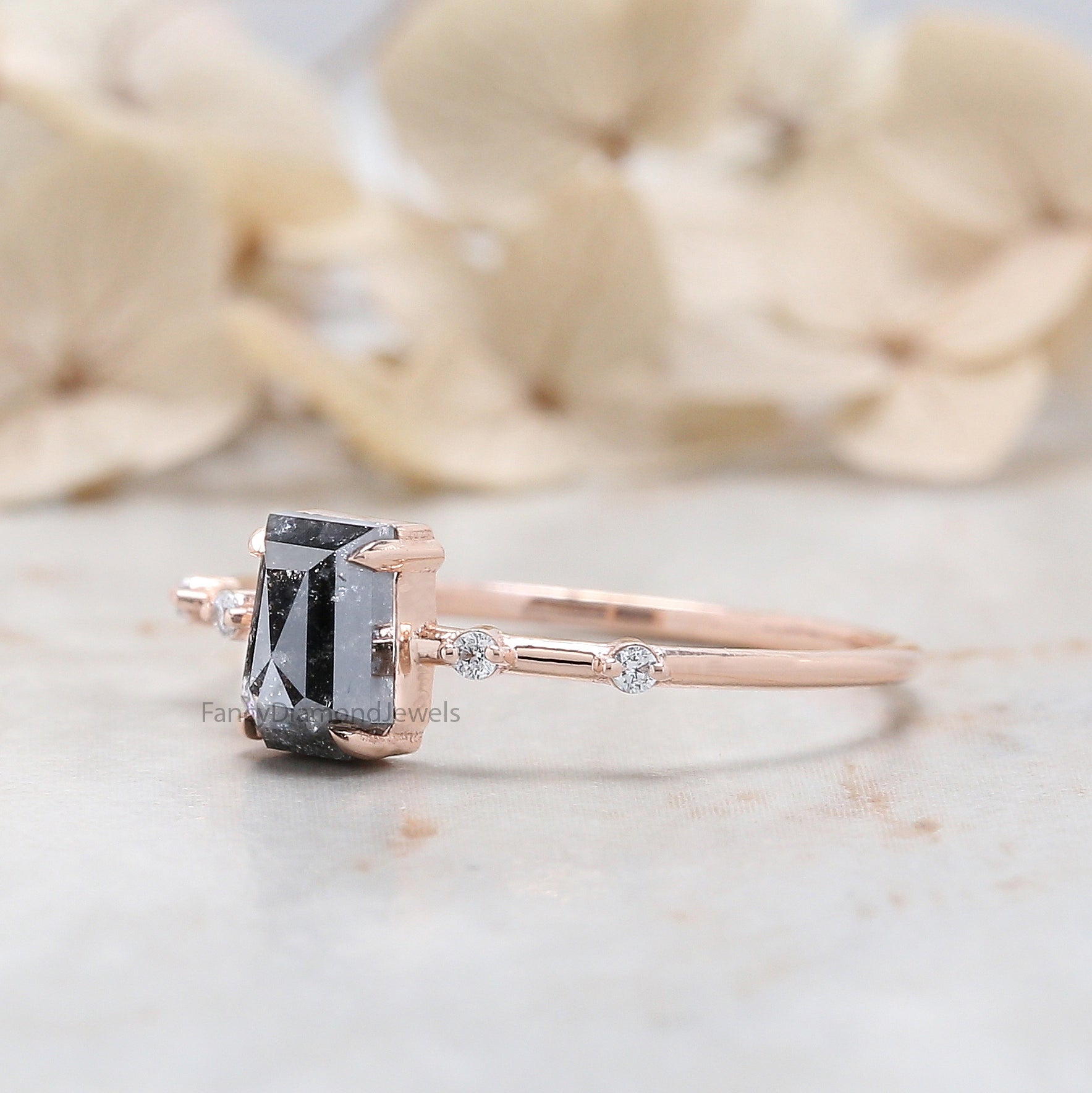Coffin Cut Salt And Pepper Diamond Ring 0.87 Ct 6.00 MM Coffin Diamond Ring 14K Solid Rose Gold Silver Engagement Ring Gift For Her QN8841