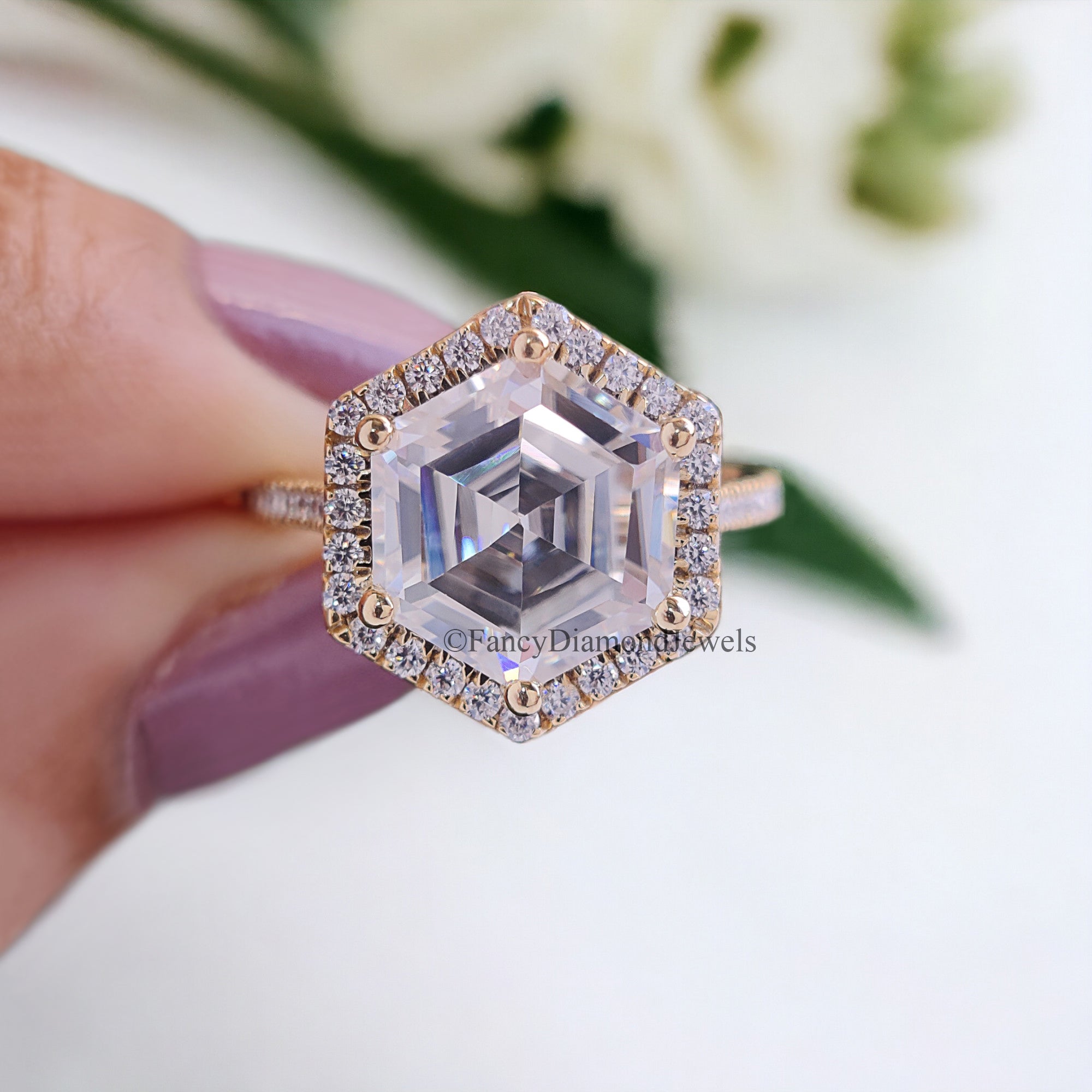 3.10 CT Hexagon And Round Cut Colorless Moissanite Halo Engagement Ring Prong Set Wedding Ring Cathedral Ring Anniversary Gift Ring FD101