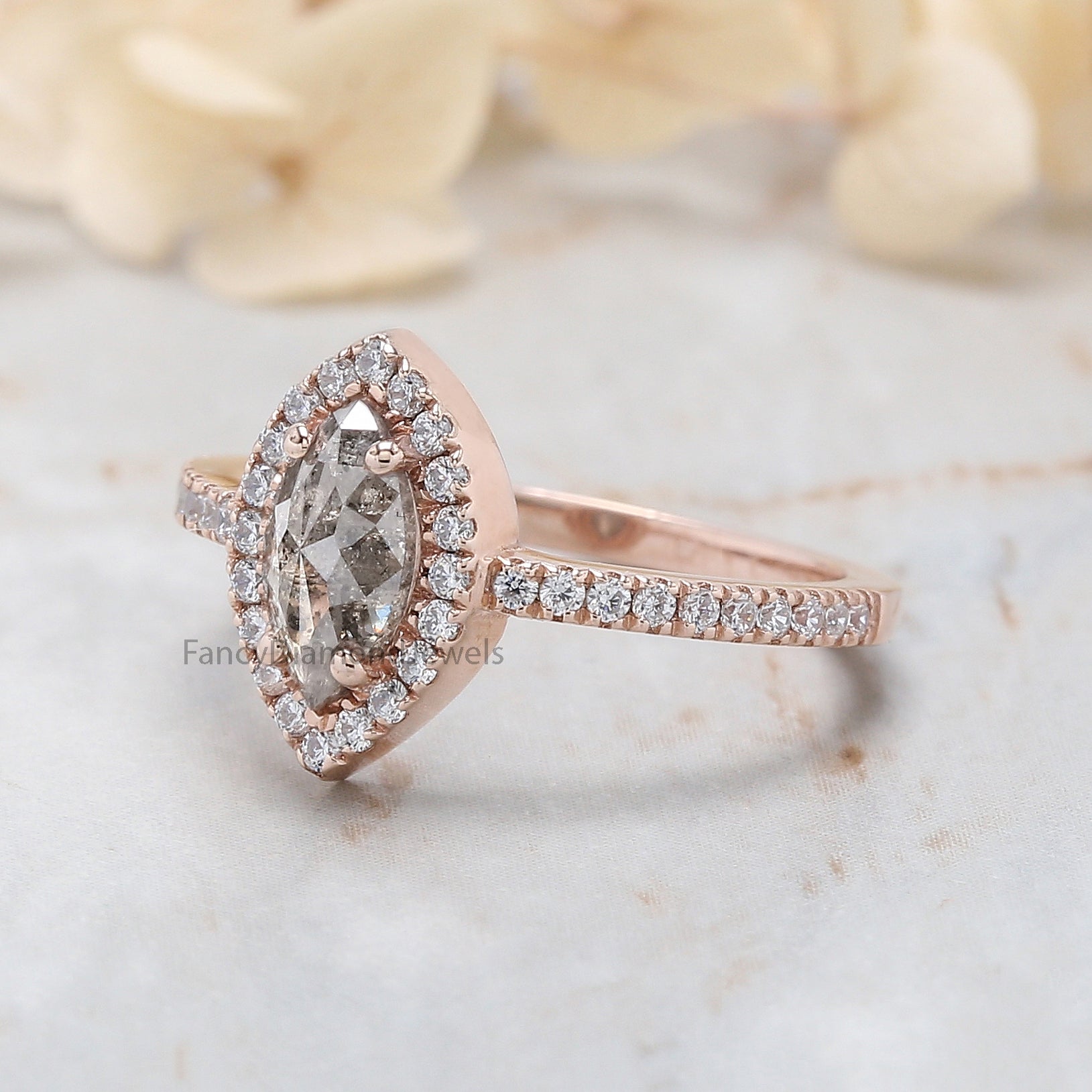 Marquise Cut Salt And Pepper Diamond Ring 0.83 Ct 8.50 MM Marquise Diamond Ring 14K Rose Gold Silver Engagement Ring Gift For Her QN9798