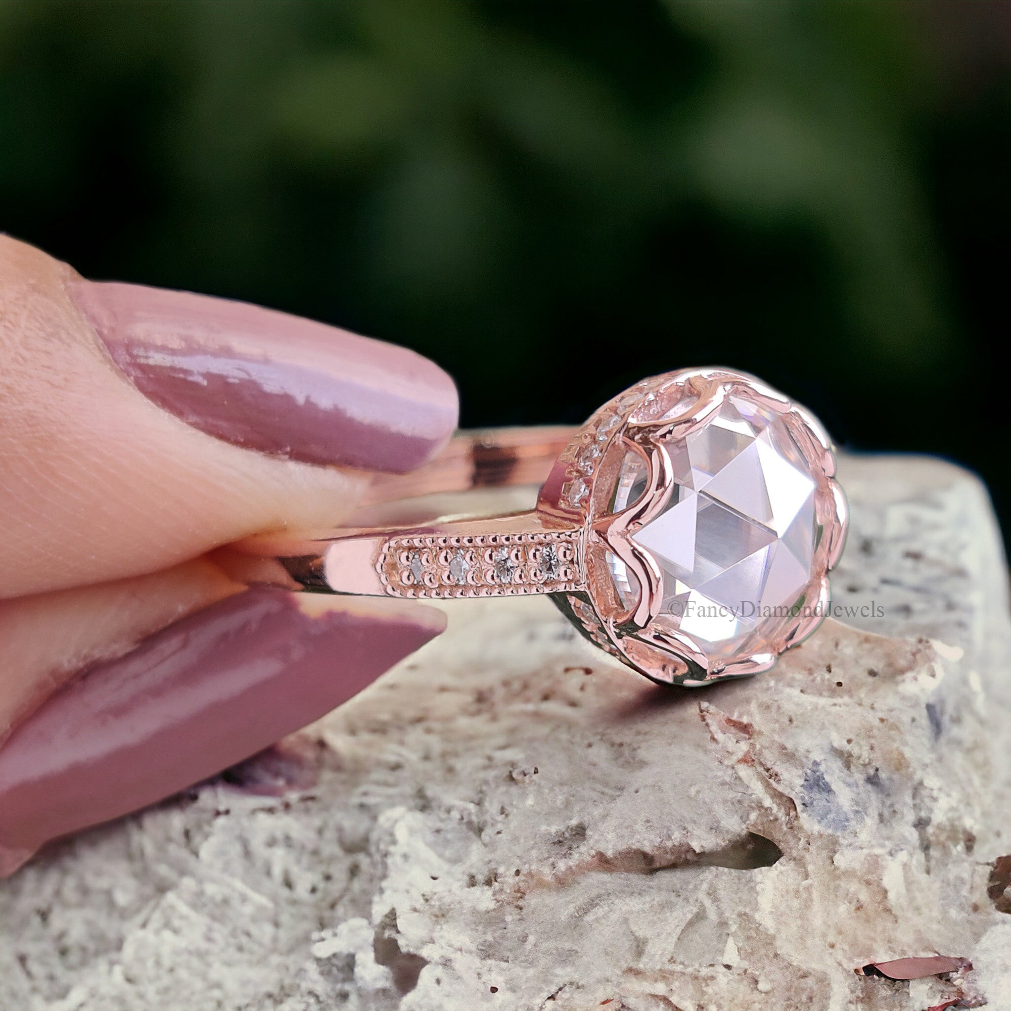 Vintage Style Round Rose Cut Colorless Moissanite Hidden Halo Engagement Ring Milgrain Wedding Ring Pave Set Ring Anniversary Ring FD120