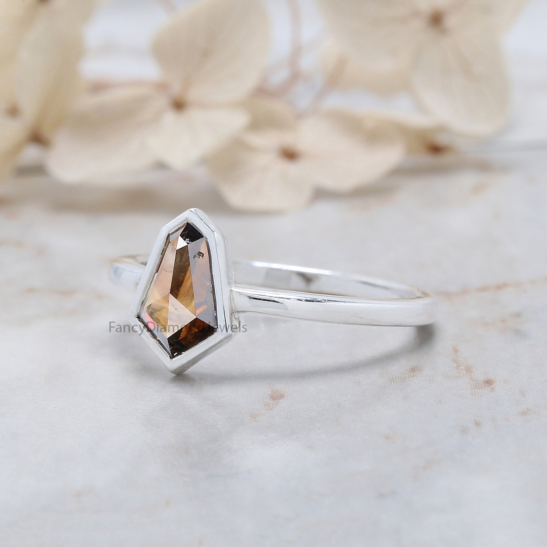 Shield Brown Color Diamond Ring 0.95 Ct 8.55 MM Shield Cut Diamond Ring 14K Solid White Gold Silver Engagement Ring Gift For Her QL1828