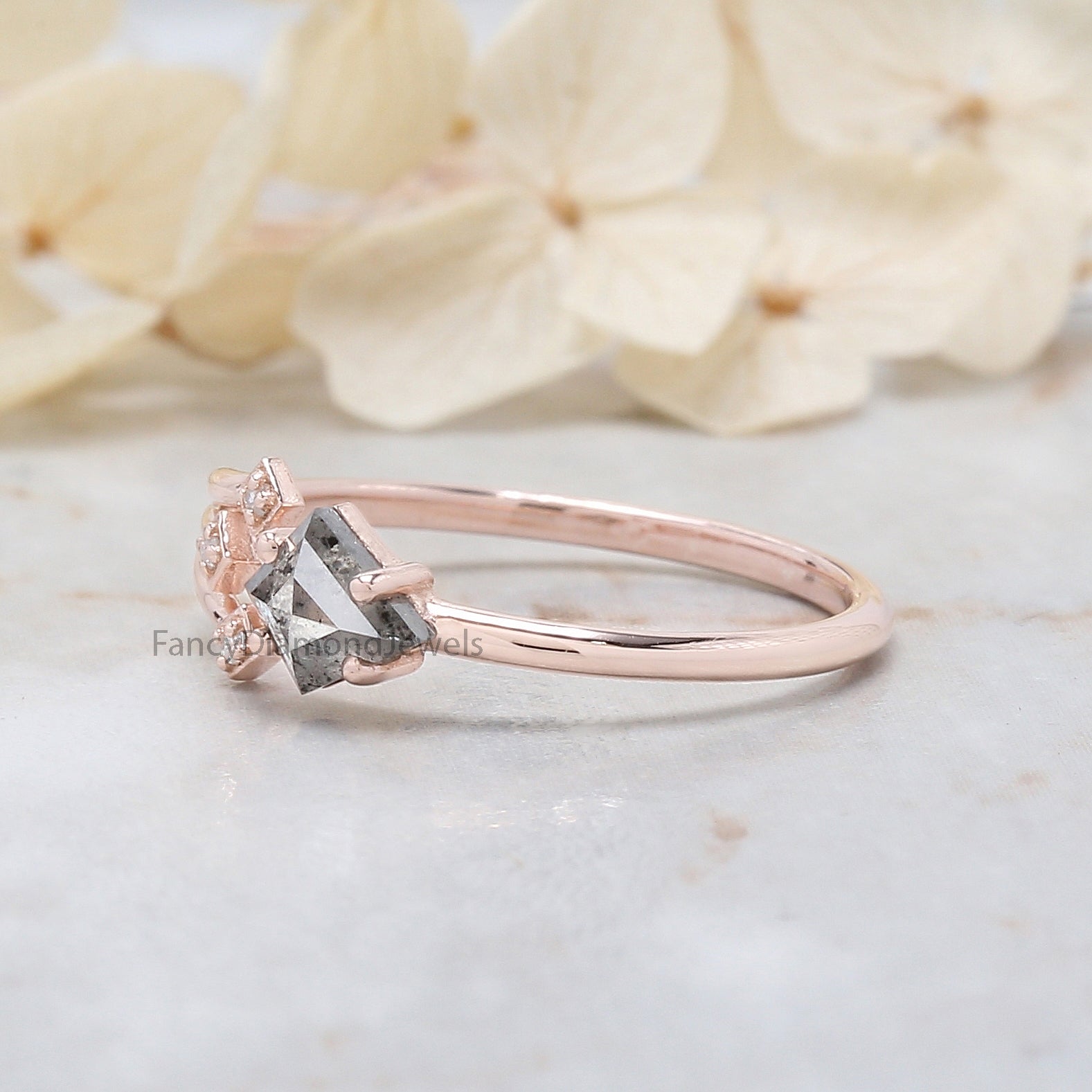 Kite Cut Salt And Pepper Diamond Ring 0.42 Ct 5.85 MM Kite Diamond Ring 14K Solid Rose Gold Silver Kite Engagement Ring Gift For Her QL3122