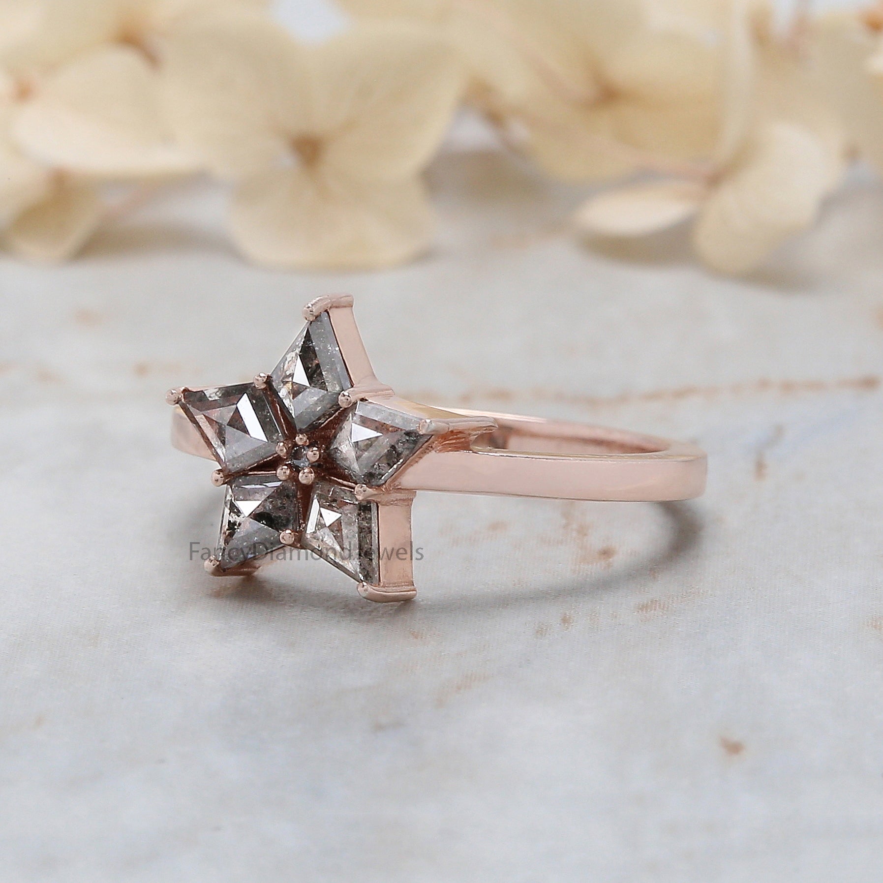 Kite Cut Salt And Pepper Diamond Ring 0.71 Ct 5.10 MM Kite Diamond Ring 14K Solid Rose Gold Silver Kite Engagement Ring Gift For Her QN1604