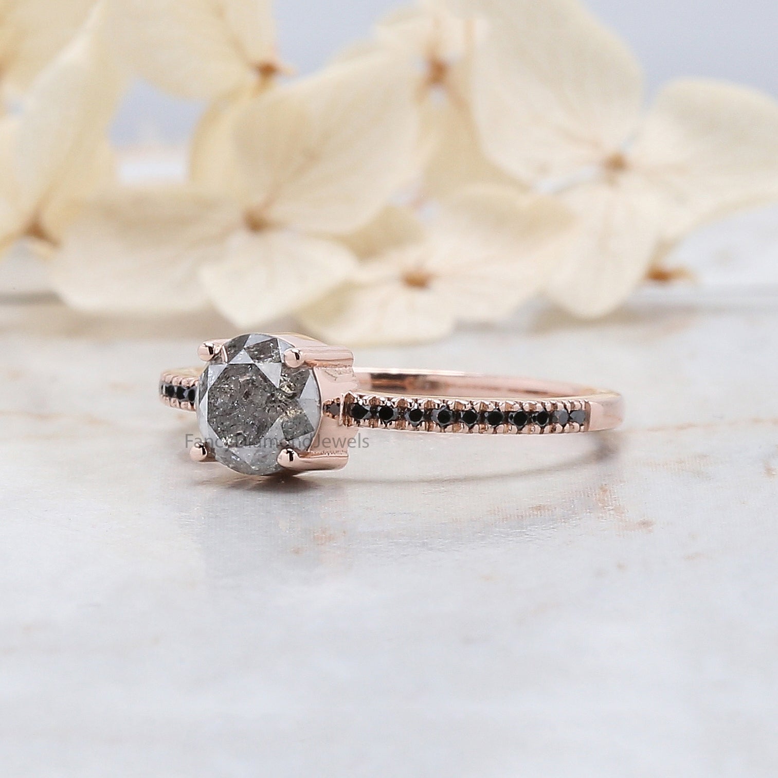 Round Cut Salt And Pepper Diamond Ring 0.87 Ct 5.80 MM Round Diamond Ring 14K Solid Rose Gold Silver Engagement Ring Gift For Her QN9140