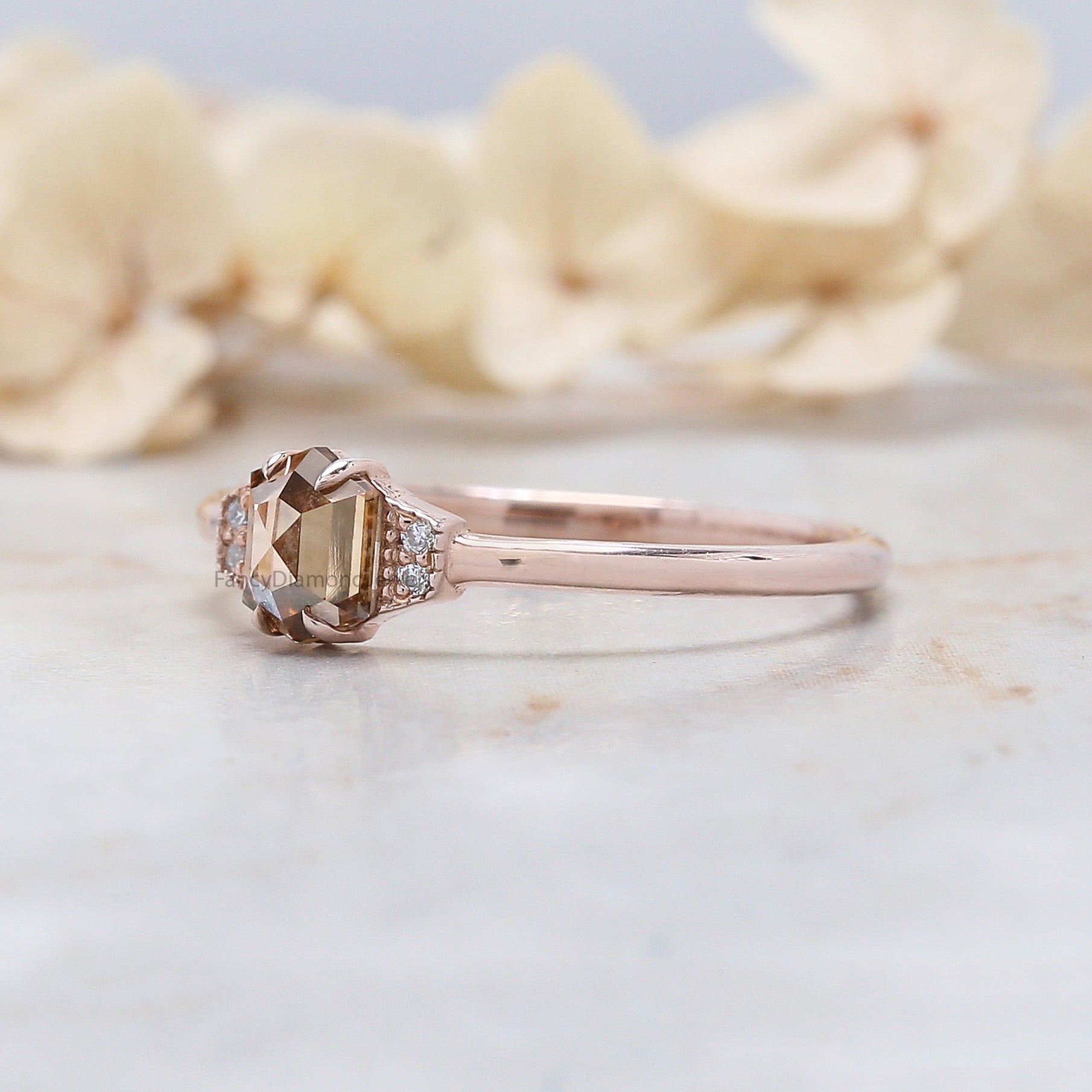 Hexagon Cut Brown Color Diamond Ring 0.51 Ct 5.20 MM Hexagon Diamond Ring 14K Solid Rose Gold Silver Engagement Ring Gift For Her QL655
