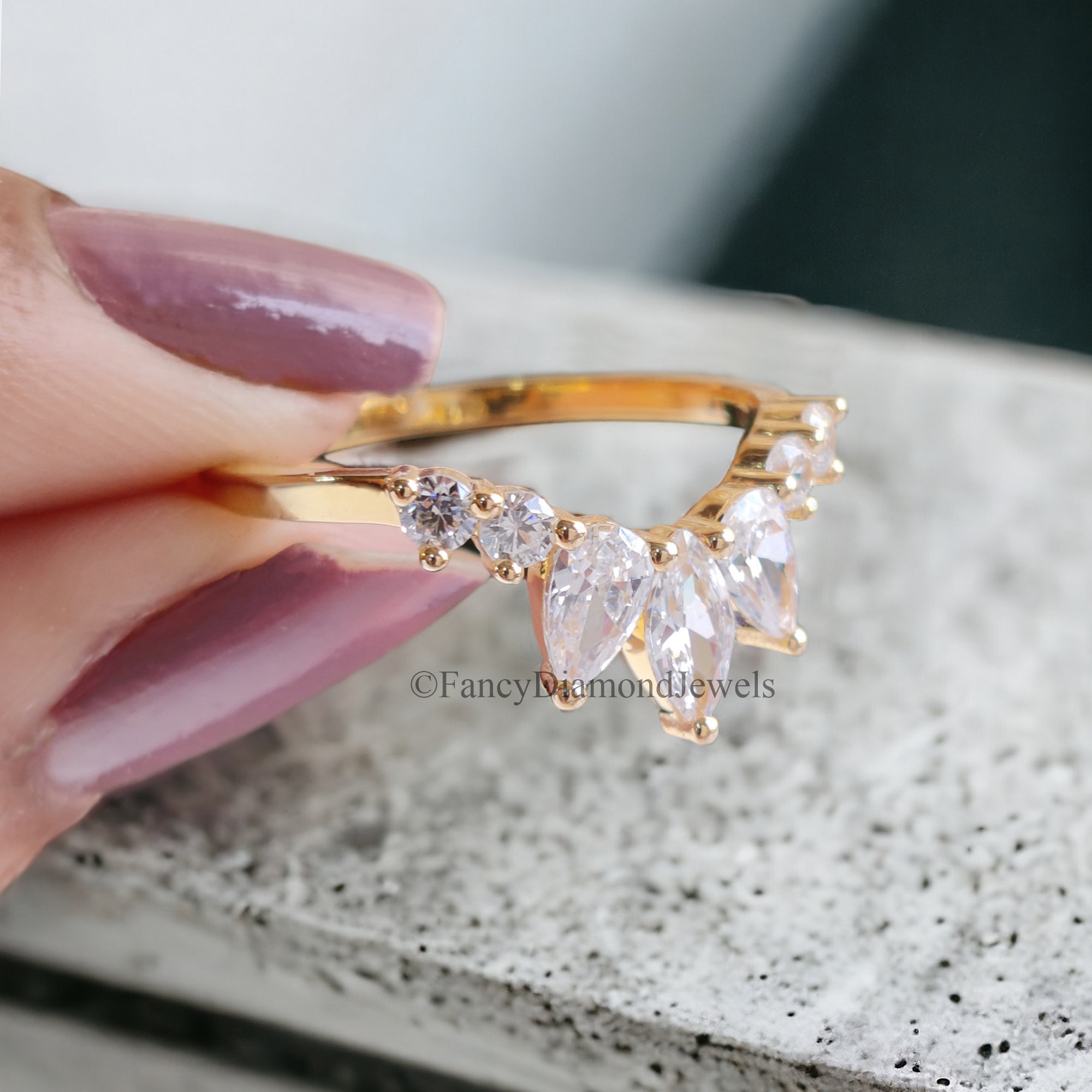 Curved Wedding Band Women Vintage Solid 14K Yellow Gold Moissanite Marquise Shape Diamond Wedding Band Bridal Stacking Promise Gift FD58