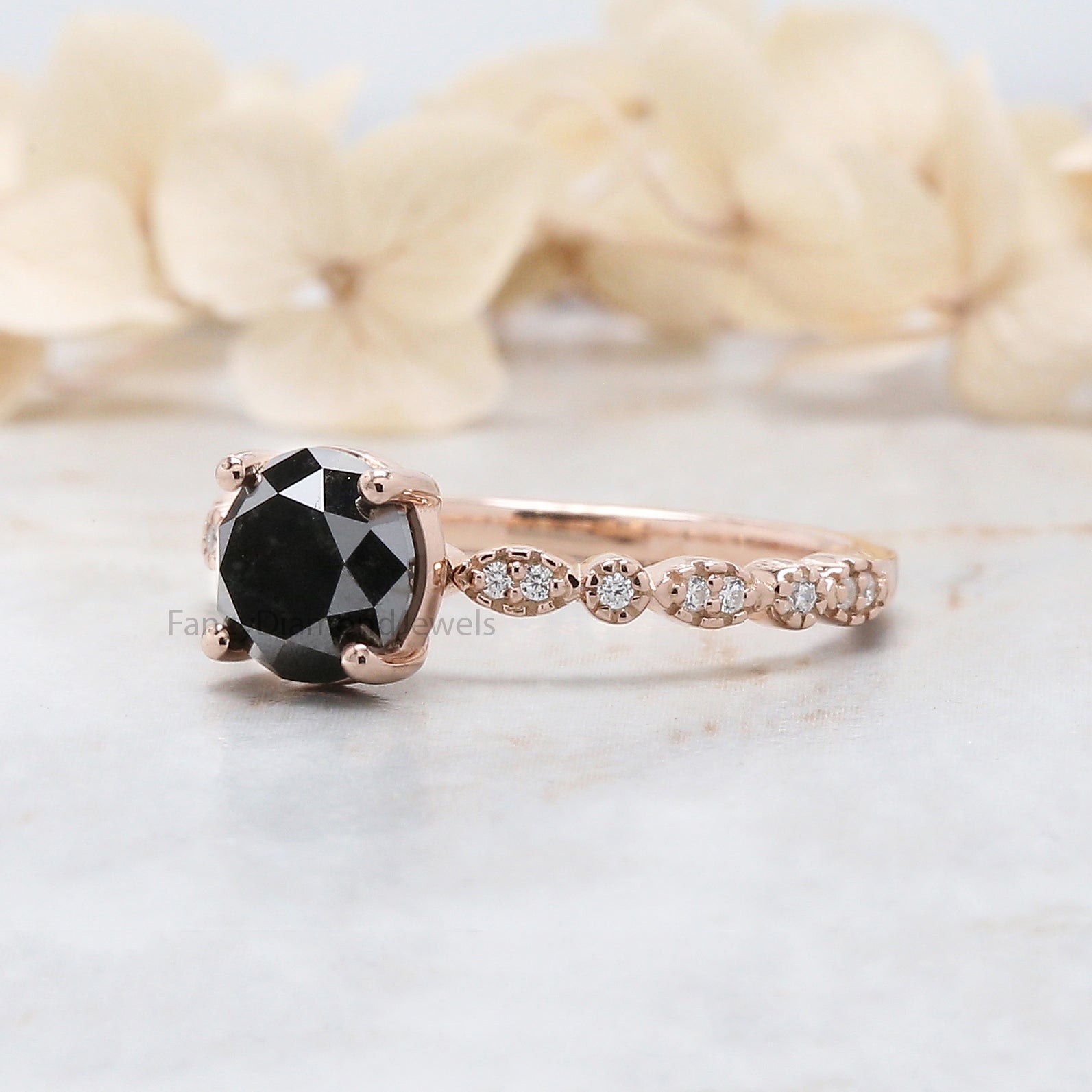Round Cut Black Color Diamond Ring 1.50 Ct 6.60 MM Round Shape Diamond Ring 14K Solid Rose Gold Silver Engagement Ring Gift For Her QL3070