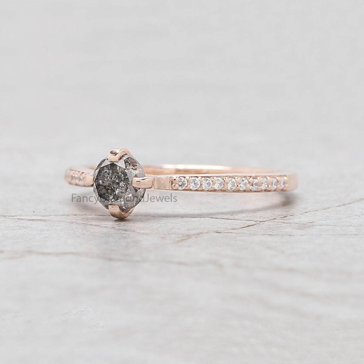 Round Cut Salt And Pepper Diamond Ring 0.62 Ct 4.80 MM Round Diamond Ring 14K Solid Rose Gold Silver Engagement Ring Gift For Her QL8460