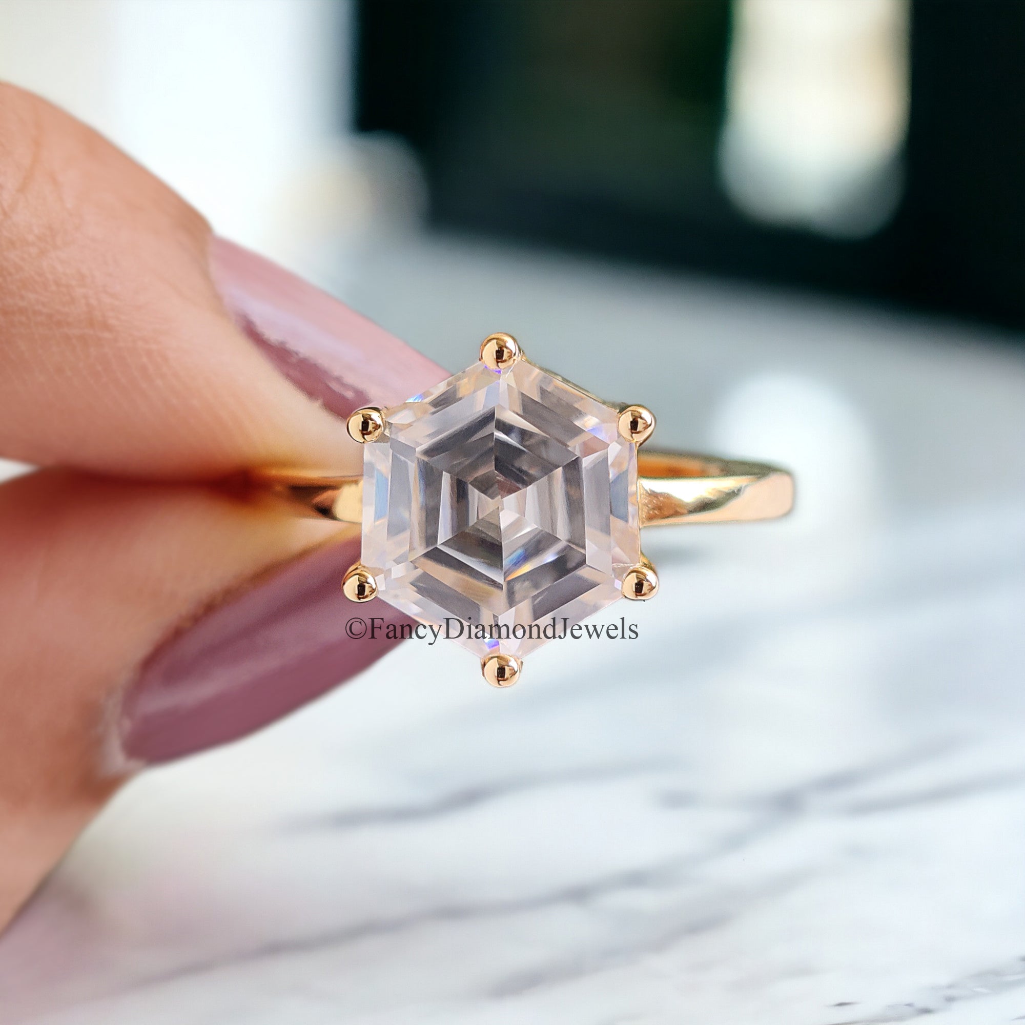 Vintage Moissanite Engagement Ring Set 3.00 CT Moissanite Ring Hexagon Yellow Gold Crown Ring Unique Stacking Ring Diamond Cluster Ring FD82