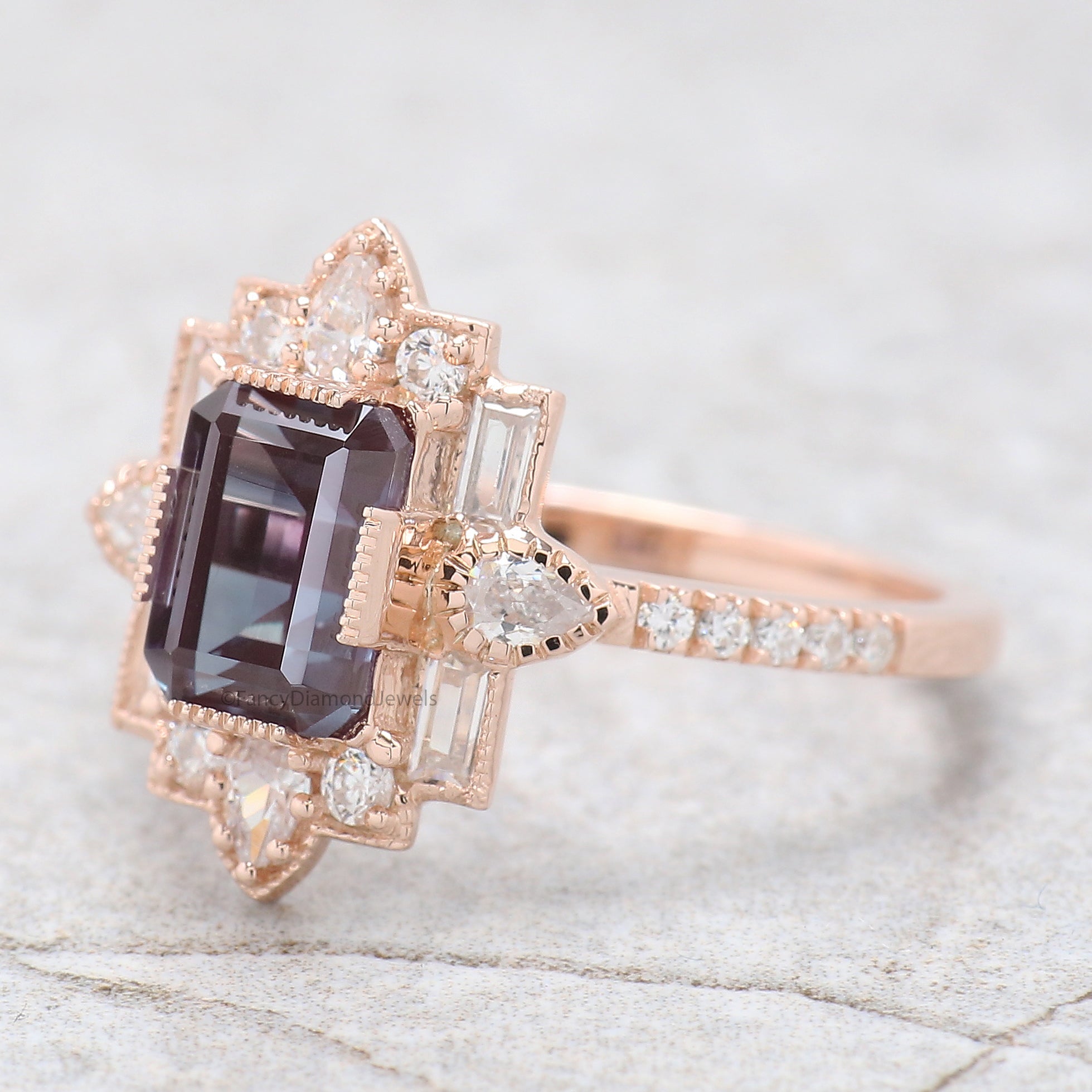 1.55 CT Emerald Cut Lab Alexandrite Engagement Ring Baguette wedding ring Unique art deco Ring Pear halo Starburst ring Gift For Her FD416