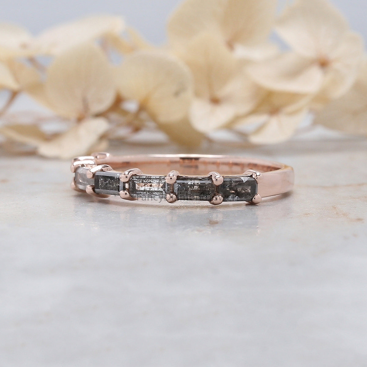 Baguette Salt And Pepper Diamond Ring 0.72 Ct 3.75 MM Baguette Diamond Ring 14K Solid Rose Gold Silver Engagement Ring Gift For Her QL1491