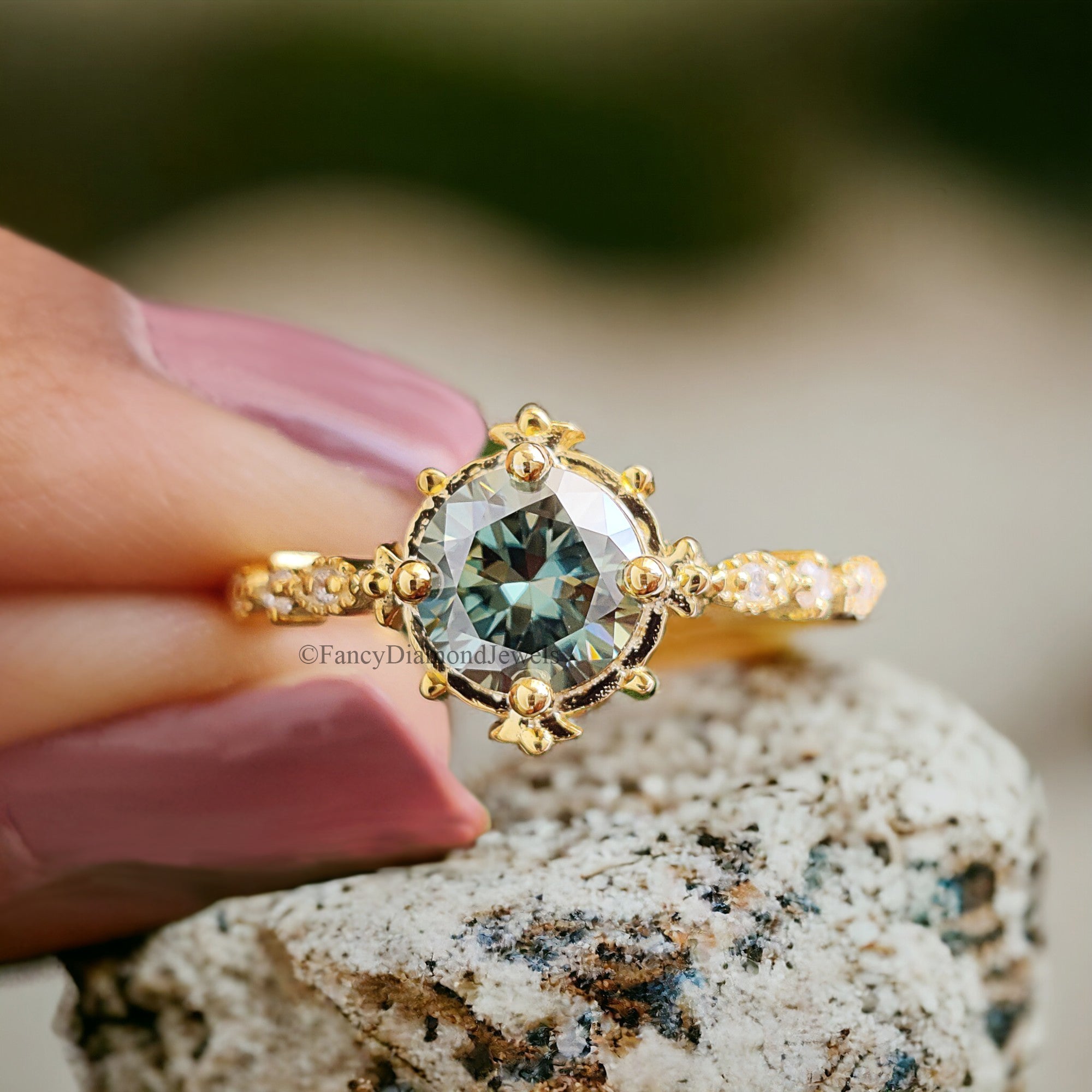 Round Prong Set Engagement Ring 0.80 CT Round Blue Moissanite Ring Contemporary Art Deco Ring Wedding Ring Anniversary Gift Ring FD267