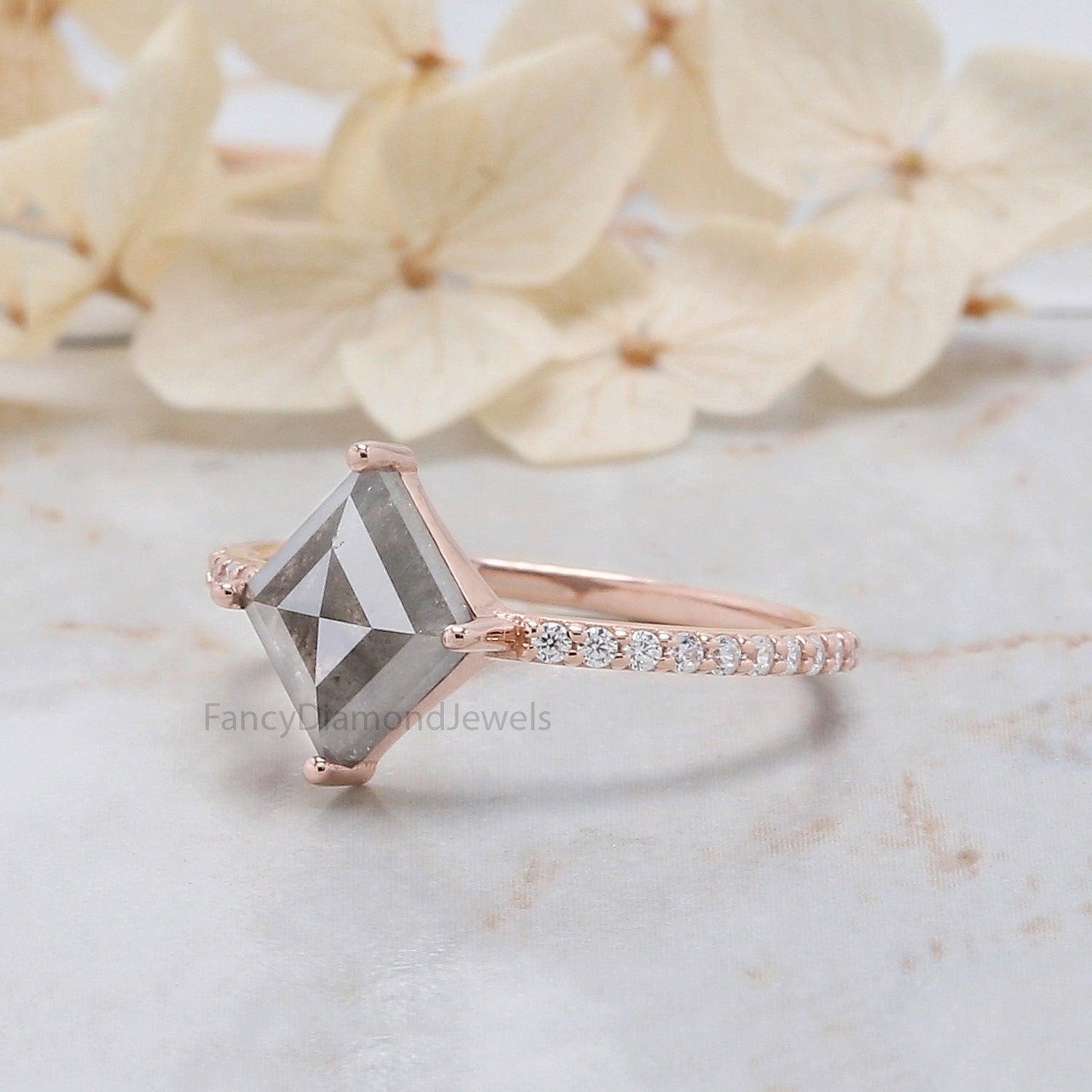 Kite Cut Salt And Pepper Diamond Ring 1.50 Ct 9.60 MM Kite Diamond Ring 14K Solid Rose Gold Silver Kite Engagement Ring Gift For Her QK2049