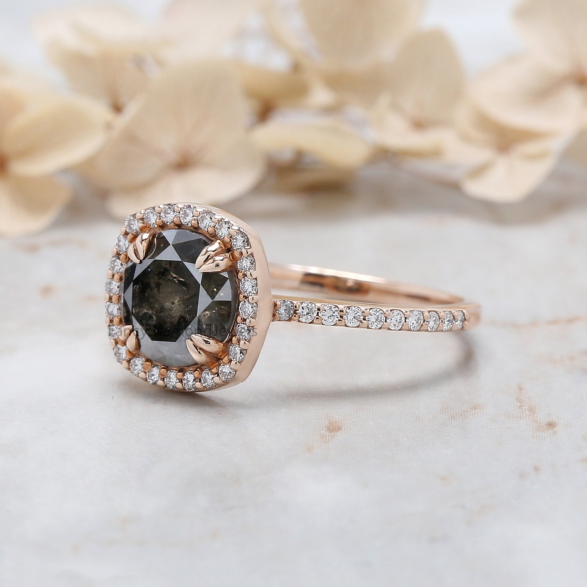 Round Cut Salt And Pepper Diamond Ring 2.10 Ct 8.00 MM Round Diamond Ring 14K Solid Rose Gold Silver Engagement Ring Gift For Her QL3028