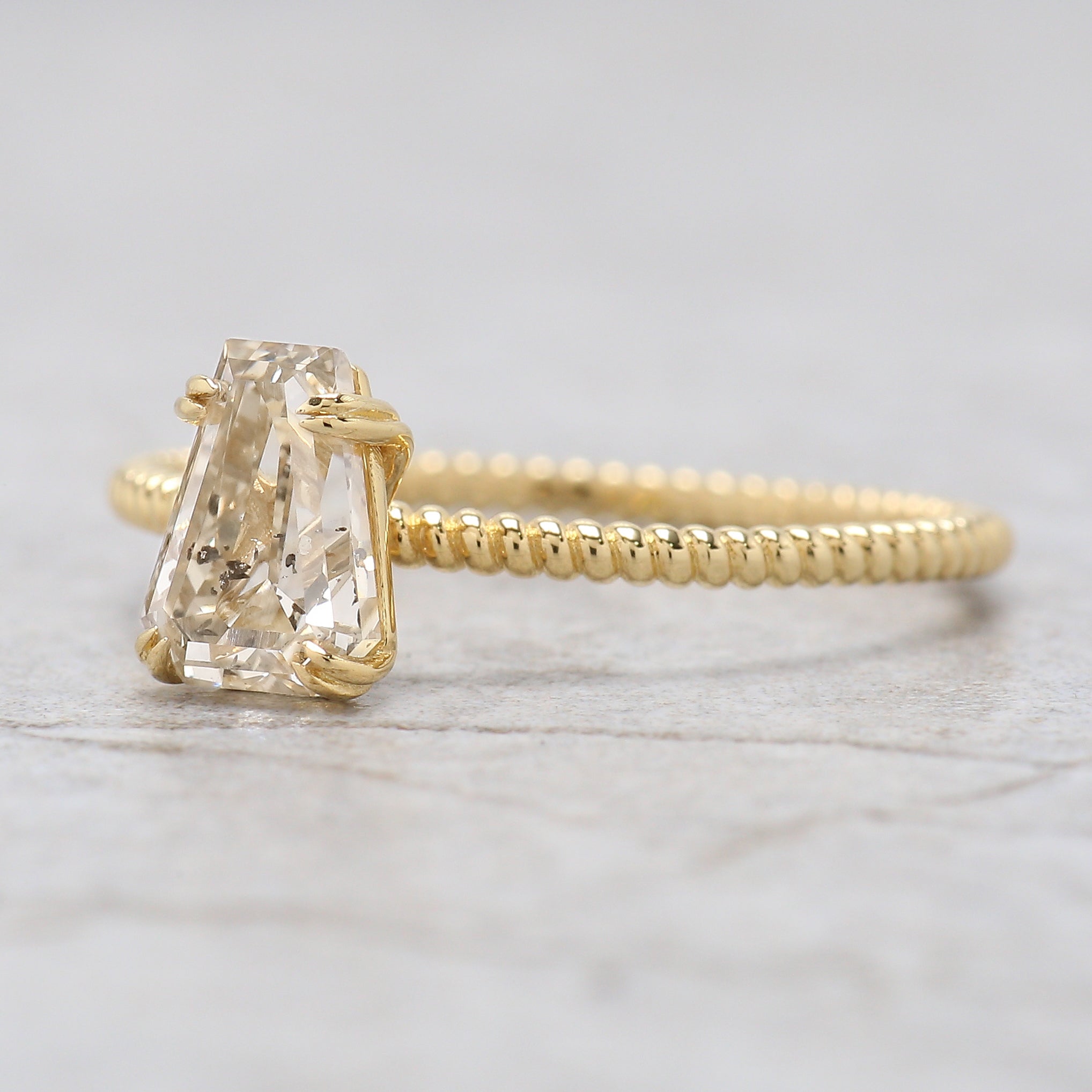Coffin Shape White-I Color Diamond Ring 1.02 Ct 7.07 MM Coffin Diamond Engagement Ring 14K Yellow Gold Ring Unique Rope Band Ring KDL2659