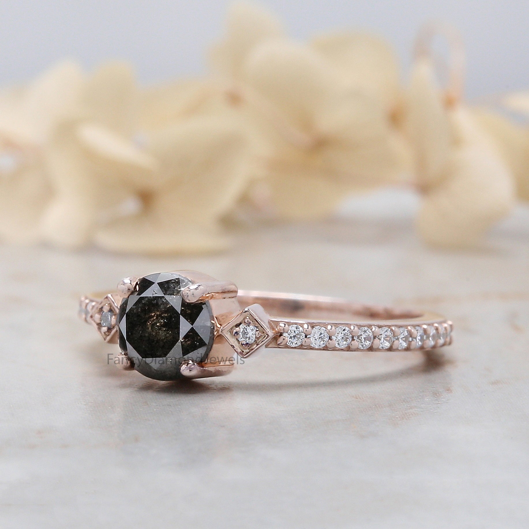 Round Salt And Pepper Diamond Ring 1.01 Ct 5.95 MM Round Cut Diamond Ring 14K Solid Rose Gold Silver Engagement Ring Gift For Her QL3094