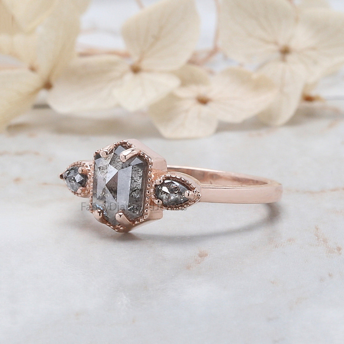 Hexagon Cut Salt And Pepper Diamond Ring 1.19 Ct 7.50 MM Hexagon Cut Diamond Ring 14K Rose Gold Silver Engagement Ring Gift For Her QL1102