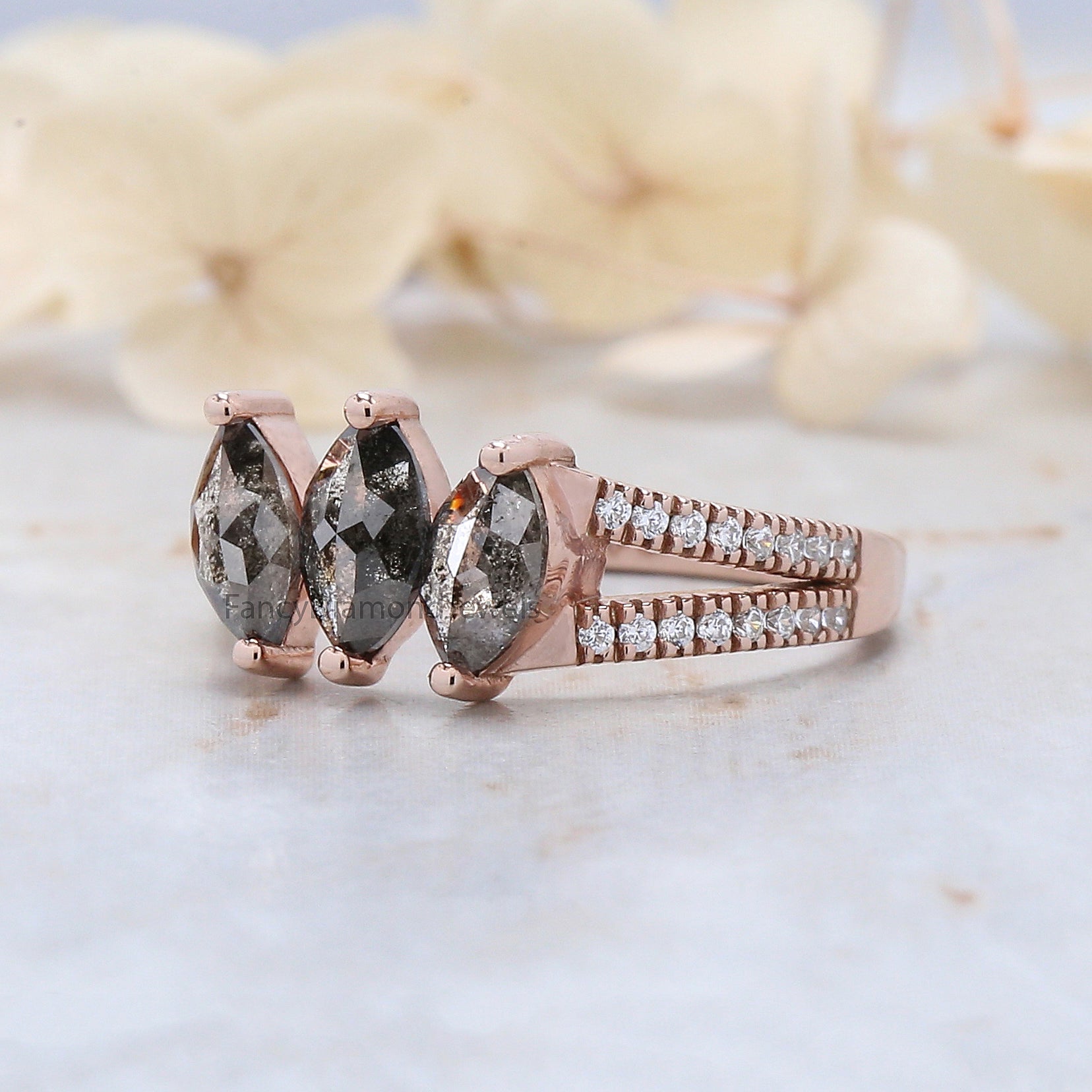 Marquise Cut Salt And Pepper Diamond Ring 0.97 Ct 6.76 MM Marquise Diamond Ring 14K Rose Gold Silver Engagement Ring Gift For Her QL2559