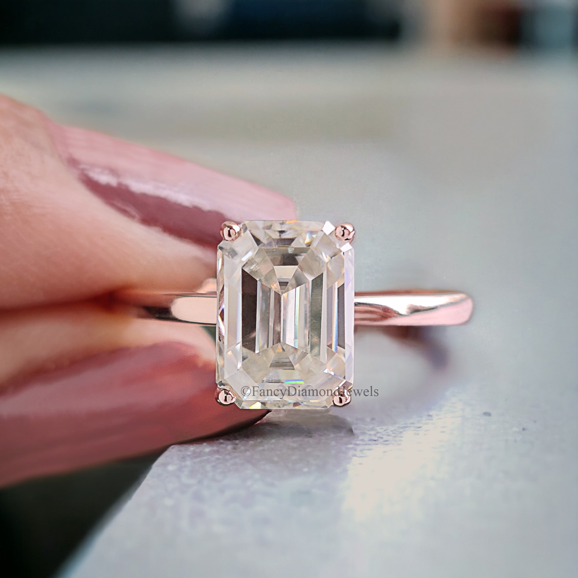Emerald Cut Moissanite Engagement Ring Set Solitaire Engagement Ring Rose Gold Unique Full Eternity Ring Anniversary Gift For Women FD220