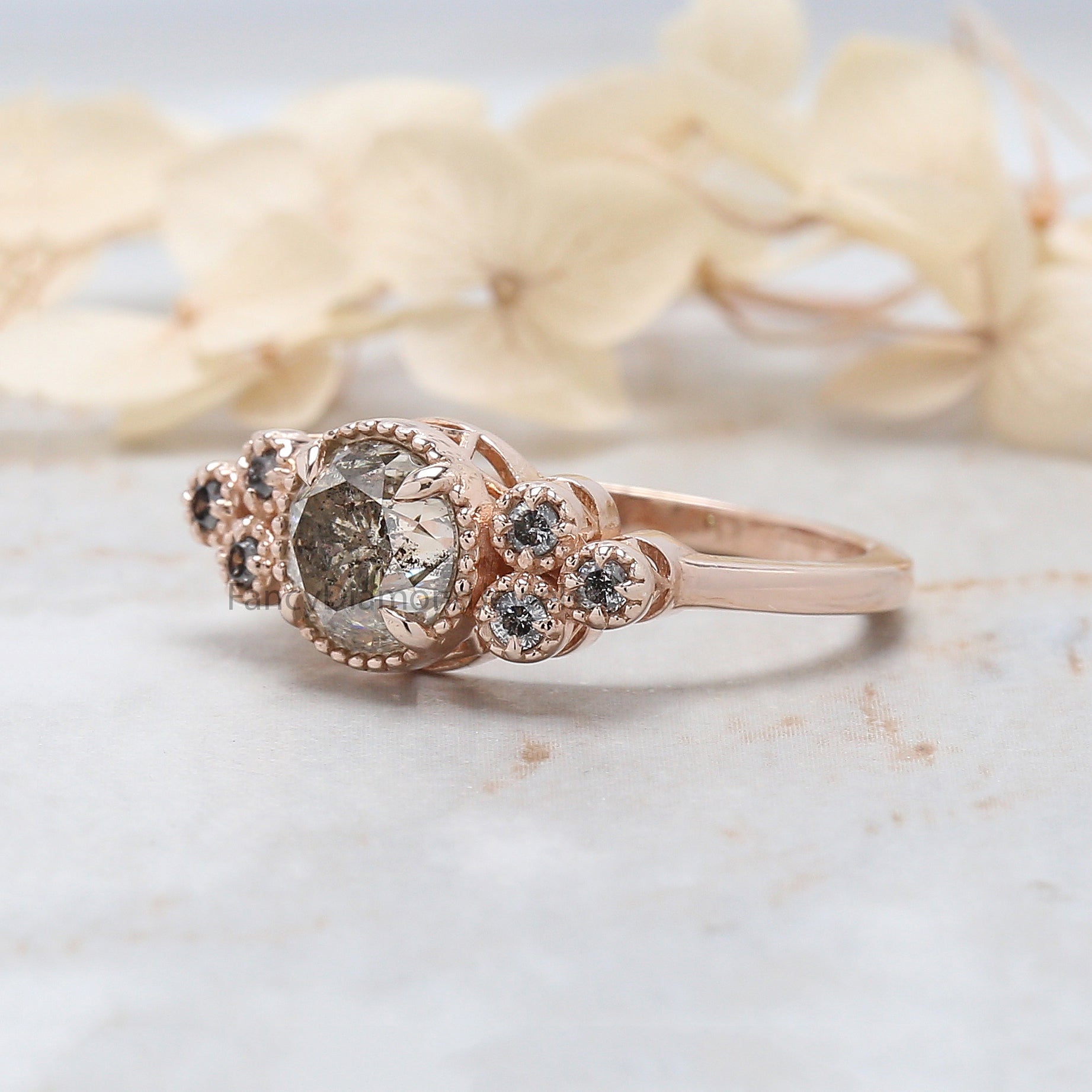 Round Cut Salt And Pepper Diamond Ring 1.57 Ct 6.90 MM Round Diamond Ring 14K Solid Rose Gold Silver Engagement Ring Gift For Her QL8546