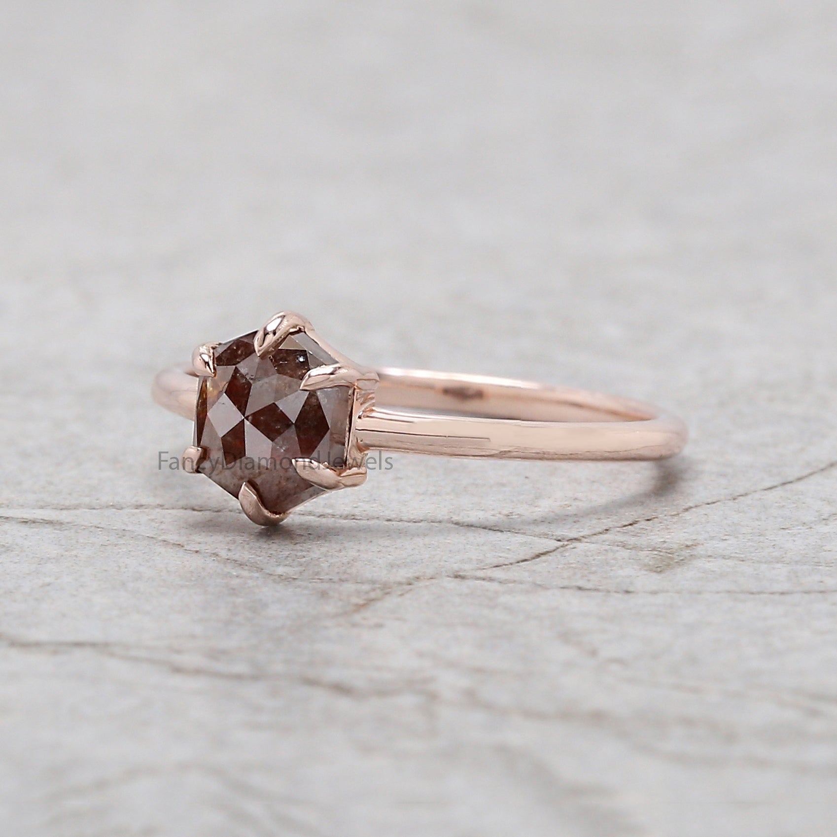 Hexagon Brown Color Diamond Ring 0.96 Ct 6.78 MM Hexagon Shape Diamond Ring 14K Solid Rose Gold Silver Engagement Ring Gift For Her QL2850