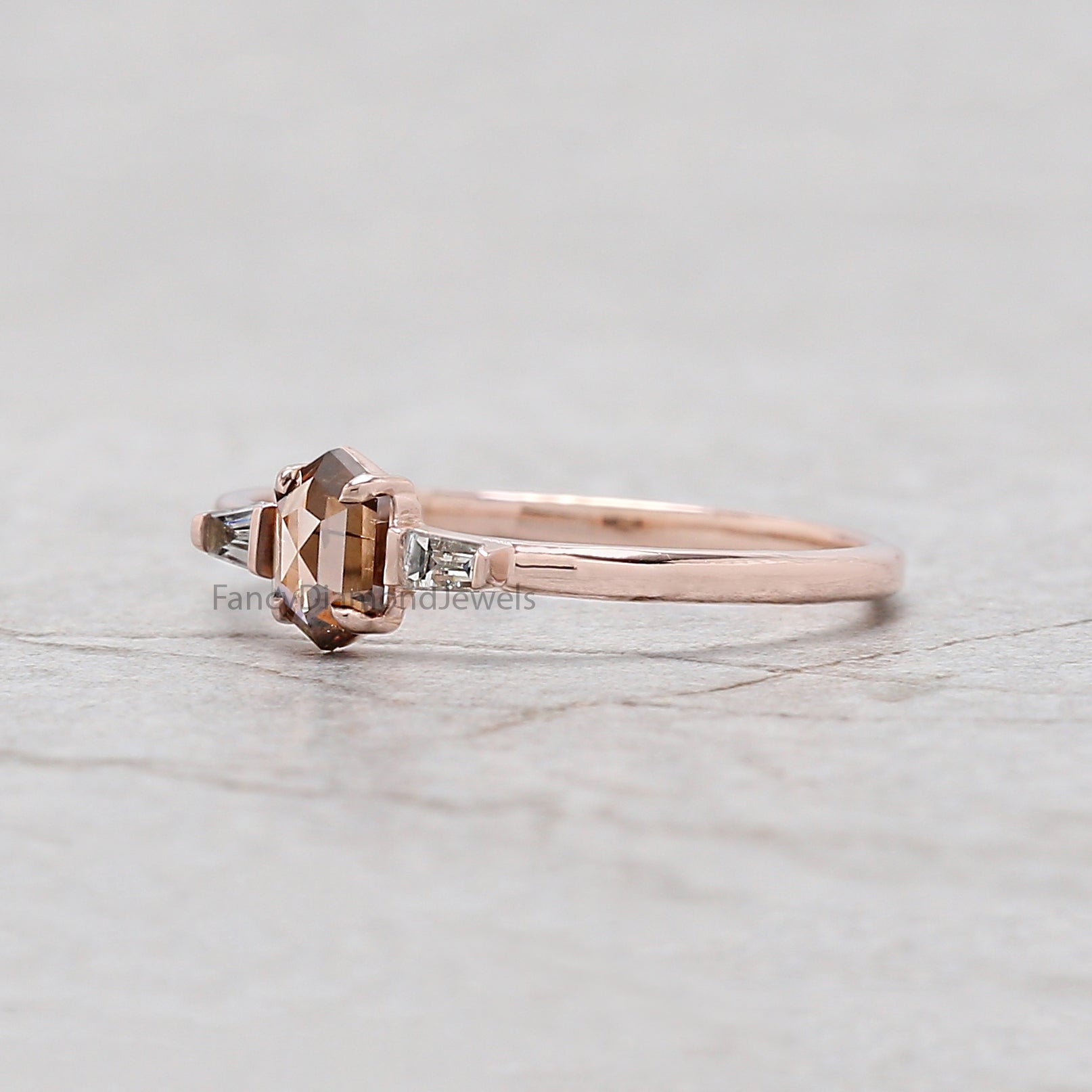 Hexagon Cut Brown Color Diamond Ring 0.37 Ct 5.30 MM Hexagon Shape Diamond Ring 14K Rose Gold Silver Engagement Ring Gift For Her QK2317