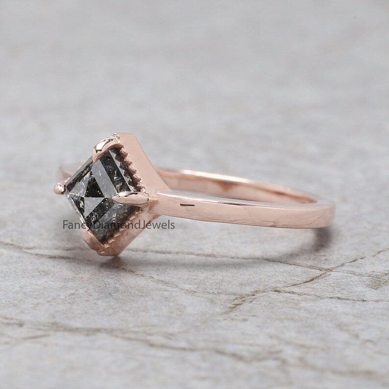 Kite Cut Salt And Pepper Diamond Ring 0.88 Ct 7.18 MM Kite Diamond Ring 14K Solid Rose Gold Silver Kite Engagement Ring Gift For Her QL2026