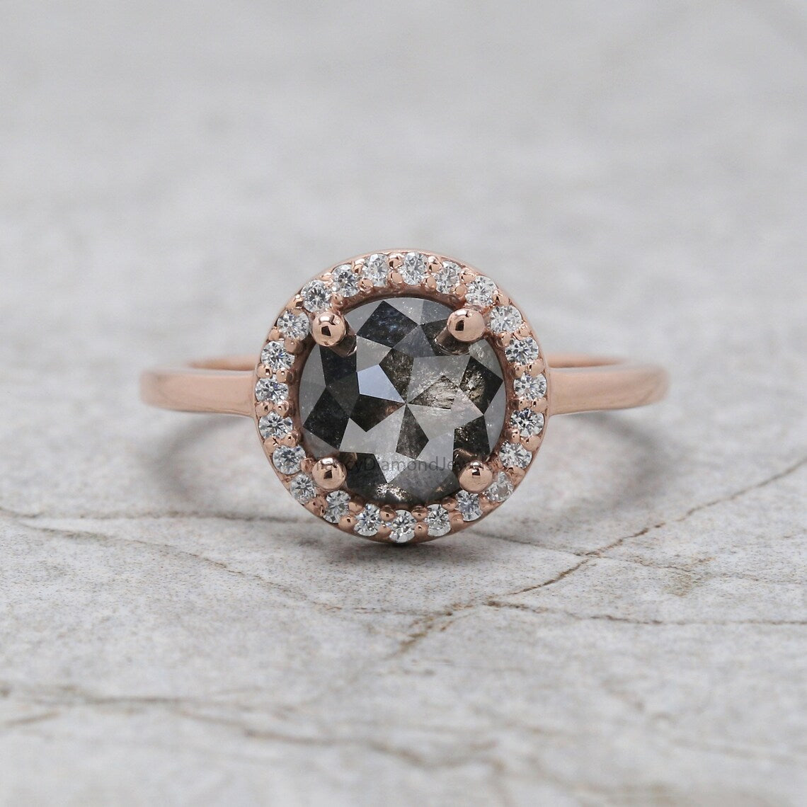 Round Rose Cut Salt And Pepper Diamond Ring 1.86 Ct 7.50 MM Round Diamond Ring 14K Rose Gold Silver Engagement Ring Gift For Her QL1303