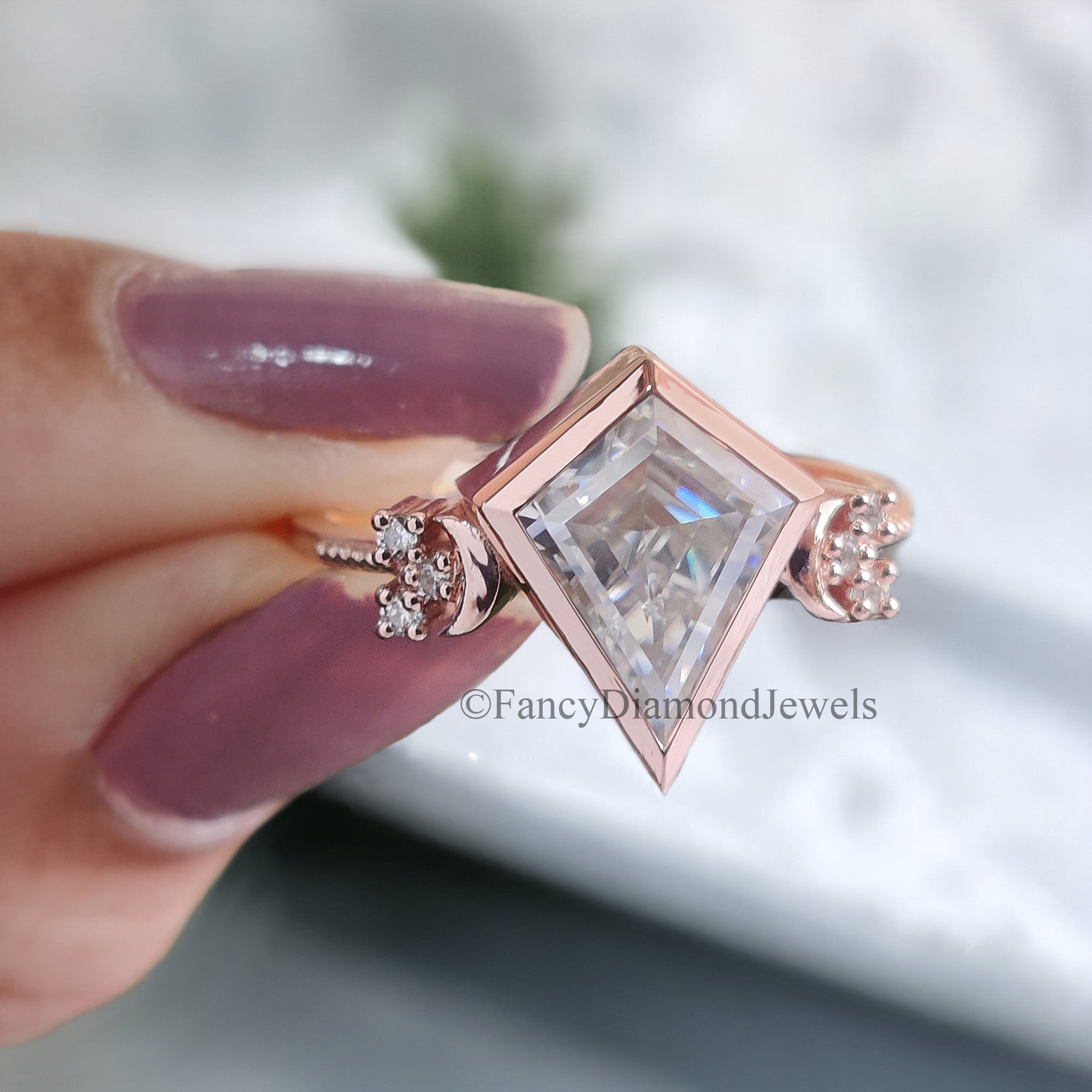 Kite Cut Moissanite Bridal Ring Colorless Moissanite Wedding Ring Bezel Set Moissanite Proposal Ring Milgrain Work Engagement Ring FD51