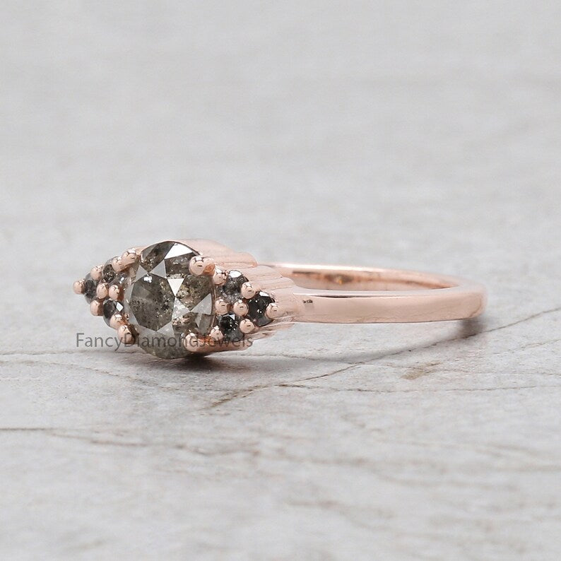 1.04 Ct Natural Round Shape Salt And Pepper Diamond Ring 6.22 MM Round Cut Diamond Ring 14K Solid Rose Gold Silver Engagement Ring QN2192