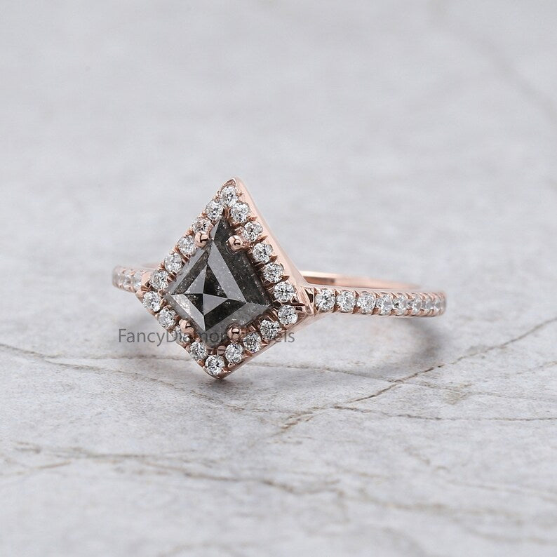 0.94 Ct Natural Kite Shape Salt And Pepper Diamond Ring 7.60 MM Kite Cut Diamond Ring 14K Solid Rose Gold Silver Engagement Ring QL2038