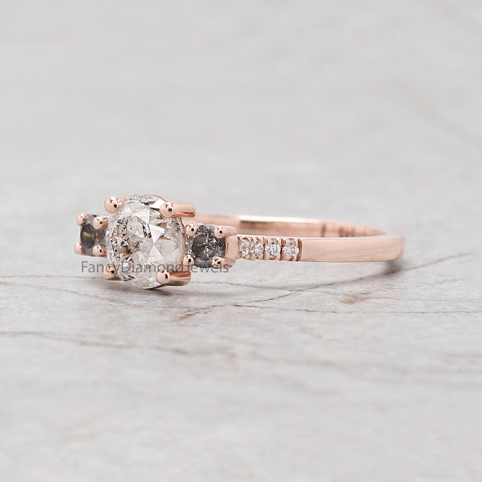 Round Cut Salt And Pepper Diamond Ring 0.83 Ct 5.64 MM Round Diamond Ring 14K Solid Rose Gold Silver Engagement Ring Gift For Her QN2184