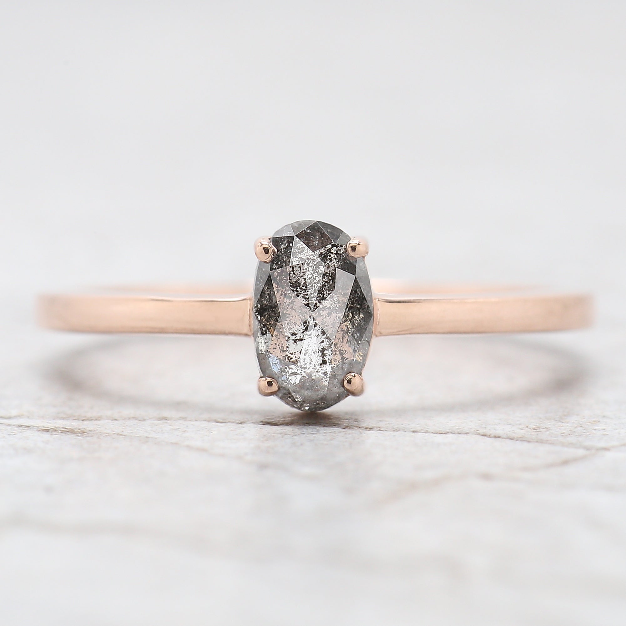 Oval Cut Salt And Pepper Diamond Ring 0.56 Ct 6.50 MM Oval Diamond Ring 14K Solid Rose Gold Silver Oval Engagement Ring Gift For Her QL074