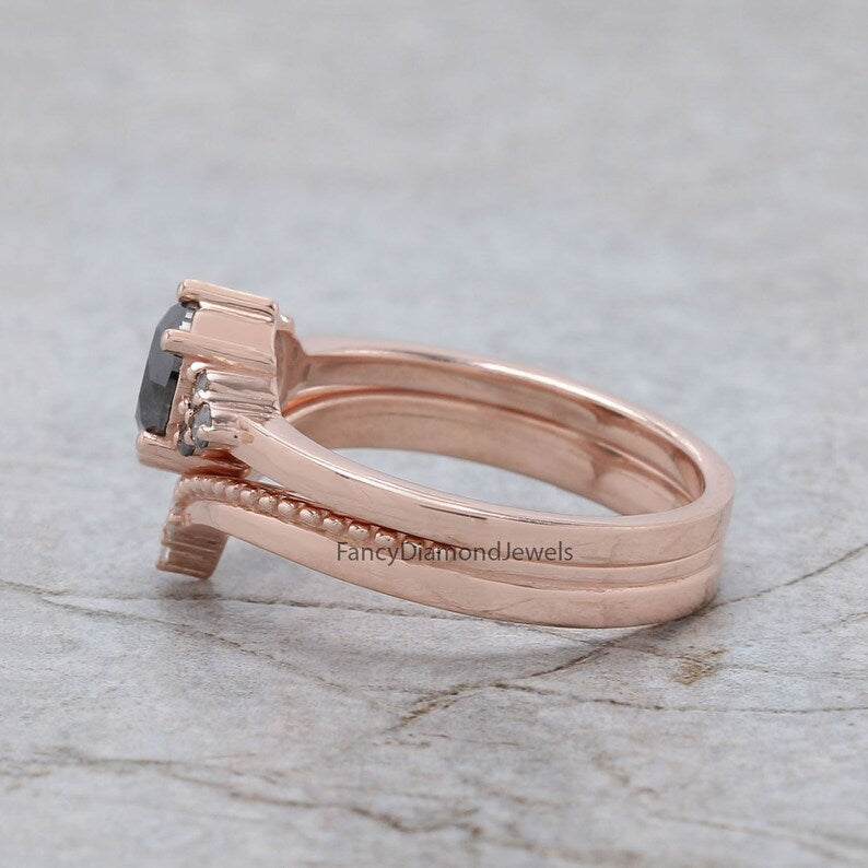 1.02 Ct Natural Round Shape Salt And Pepper Diamond Ring 6.10 MM Round Cut Diamond Ring 14K Solid Rose Gold Silver Engagement Ring QN1453