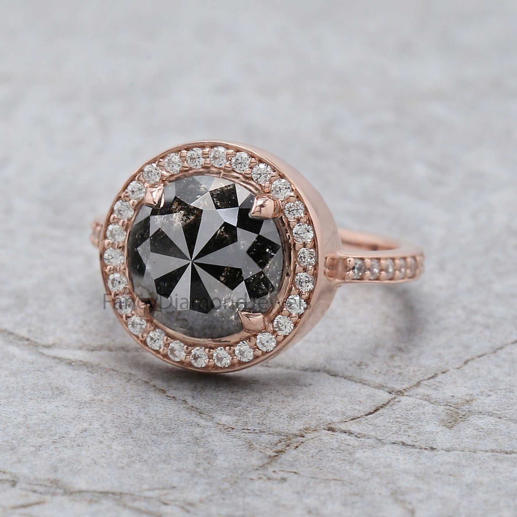 Round Rose Cut Salt And Pepper Diamond Ring 3.60 Ct 9.29 MM Round Diamond Ring 14K Rose Gold Silver Engagement Ring Gift For Her QL2130