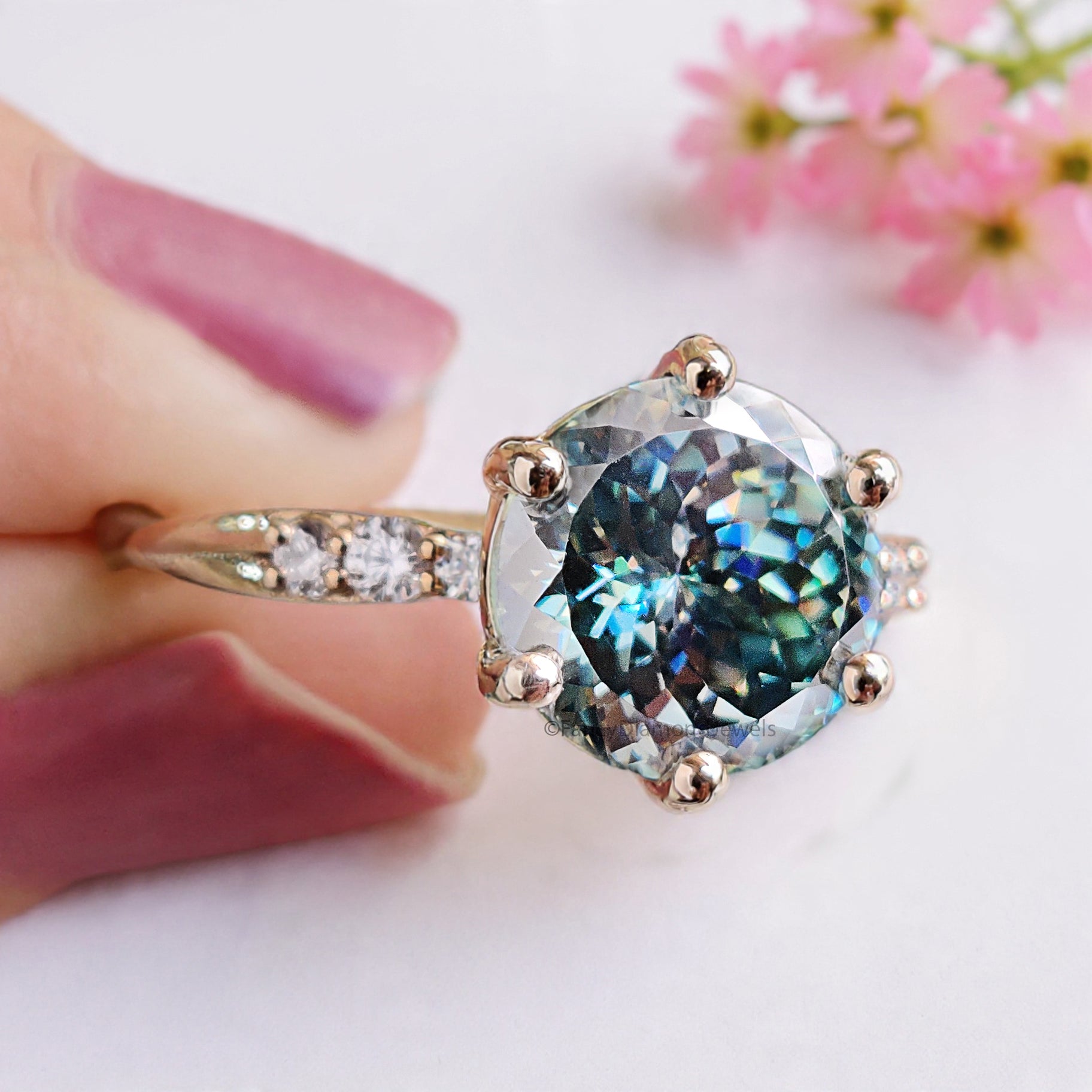 Round Portuguese Cut Blue Green Moissanite Engagement Ring Yellow Gold Ring Vintage Ring Crossover Band Wedding Ring Gift For Her FD475