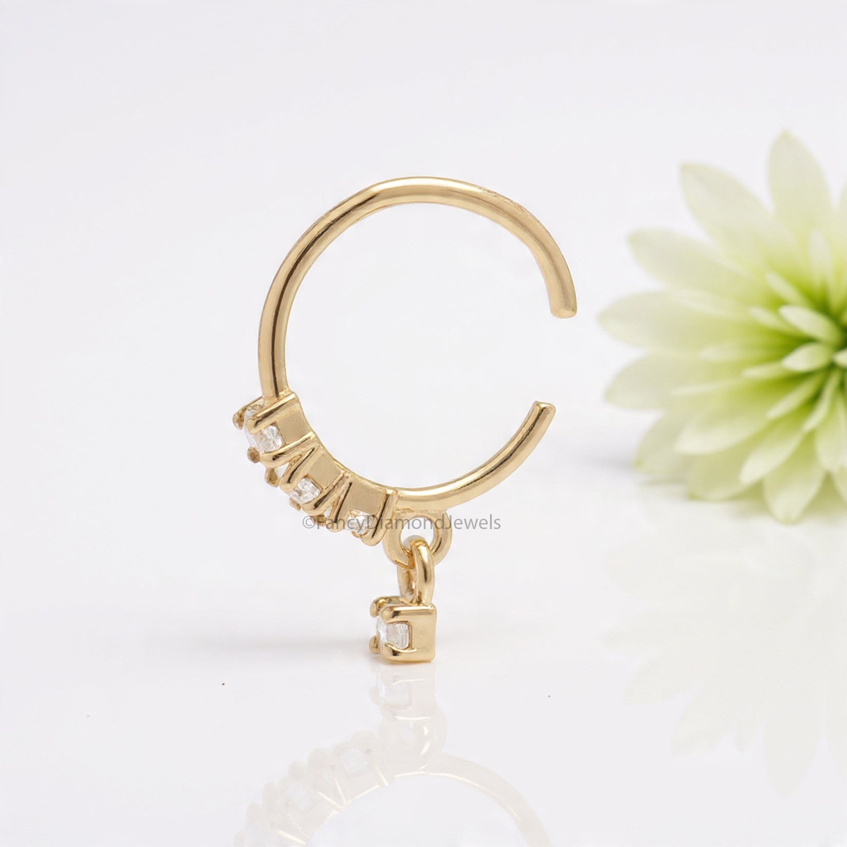 3 Diamond Gold Nose Ring With Diamond Dangling End Yellow Gold Nose Ring Gold Nose Ring Diamond Nose Stud Hoop FD486