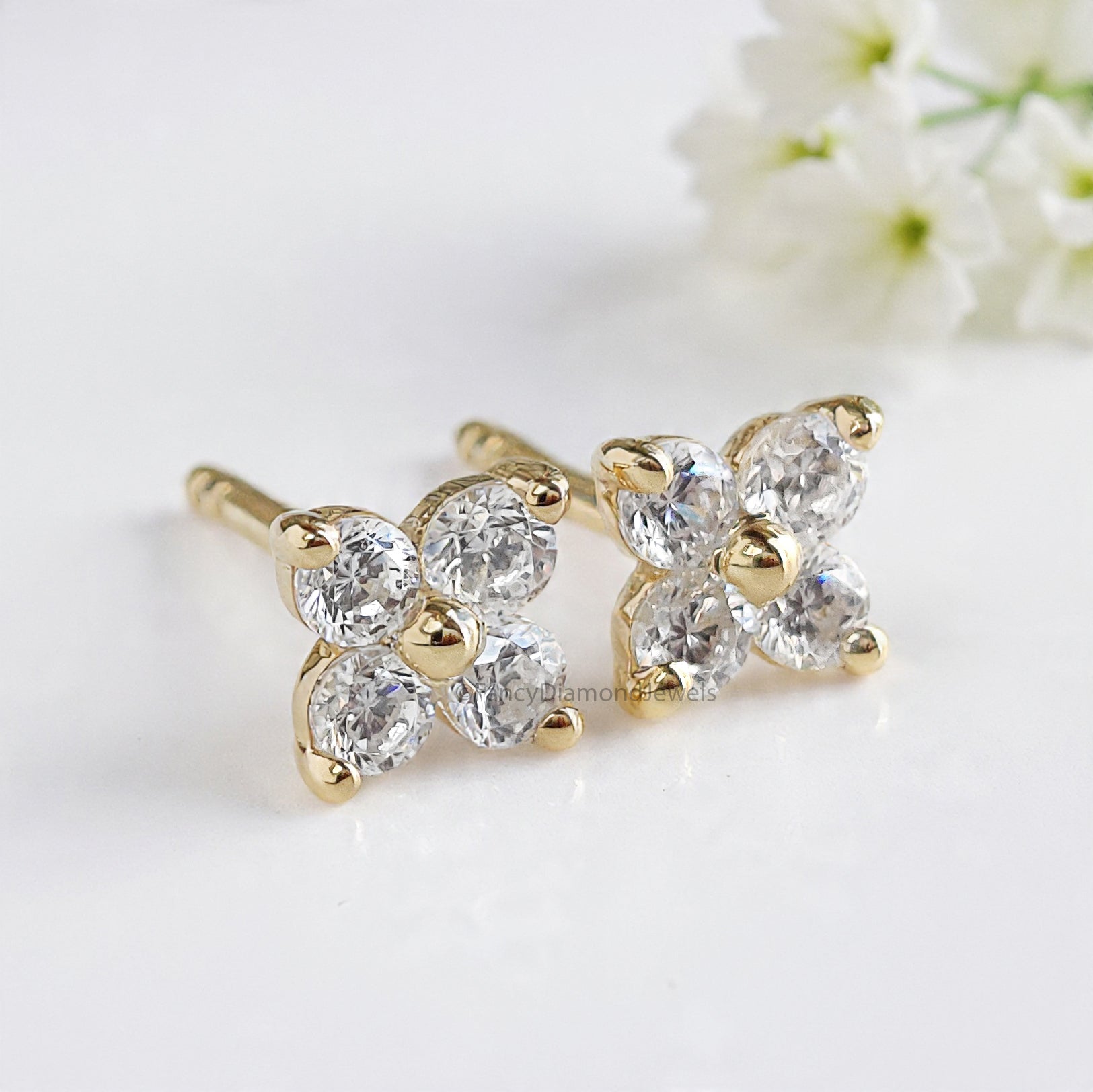 Flower Stud Earring Round White Diamond Earring Round Brilliant Shape Earring Prong Earring Engagement Earring Gift For Her FD509