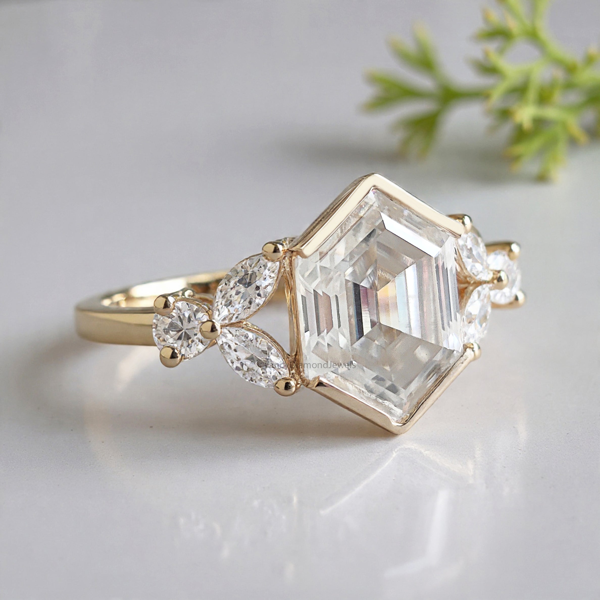 2.35 CT Hexagon cut Lab Grown Diamond Engagement Ring Side Three Stone Diamond ring Half Bezel Set Hexagon Ring for Her Wedding Ring FD470