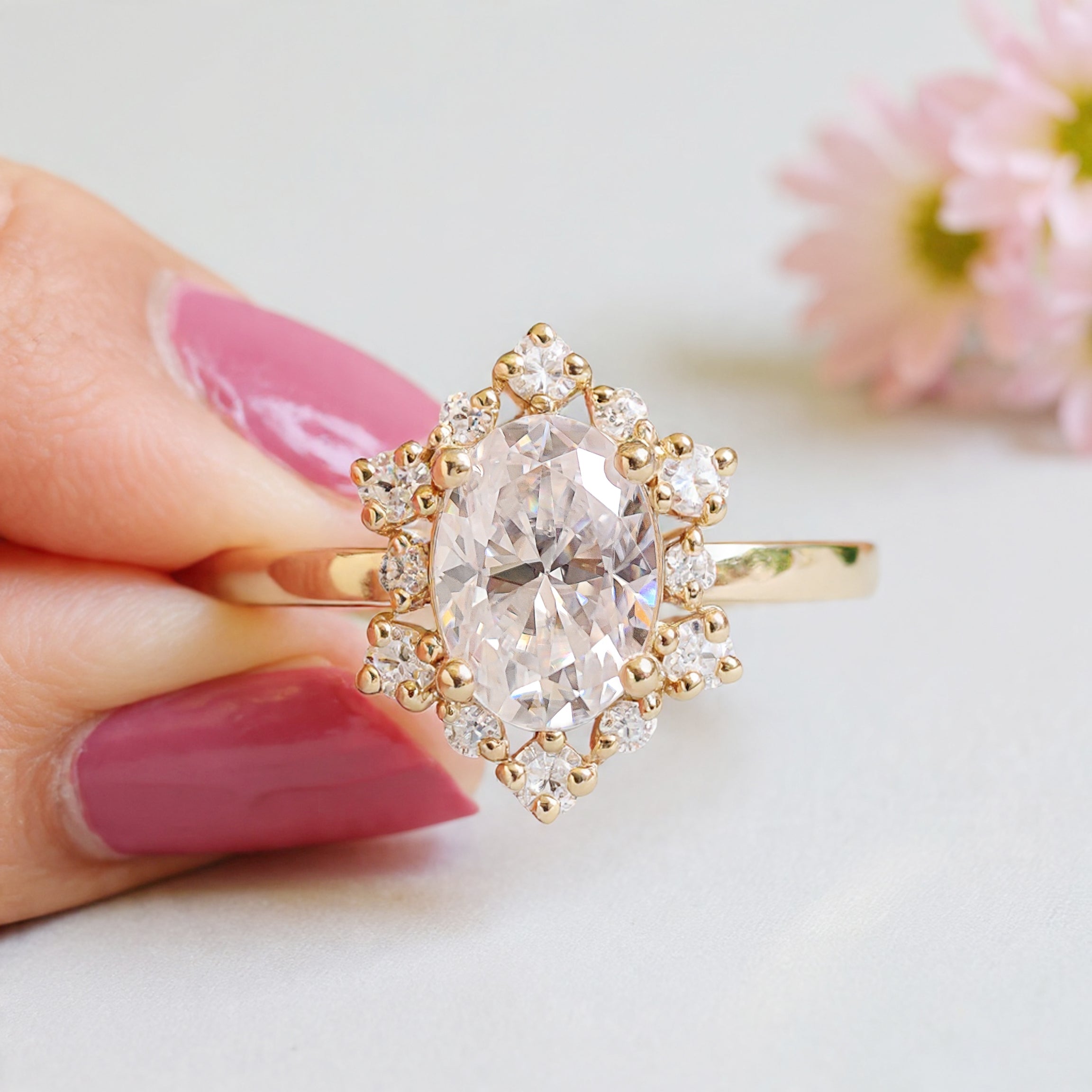 Oval Cut Lab Grown Diamond Engagement Ring Set 0.80 CT Colorless Oval Halo Set Wedding Ring For Women Anniversary Bridal Ring Set FD271