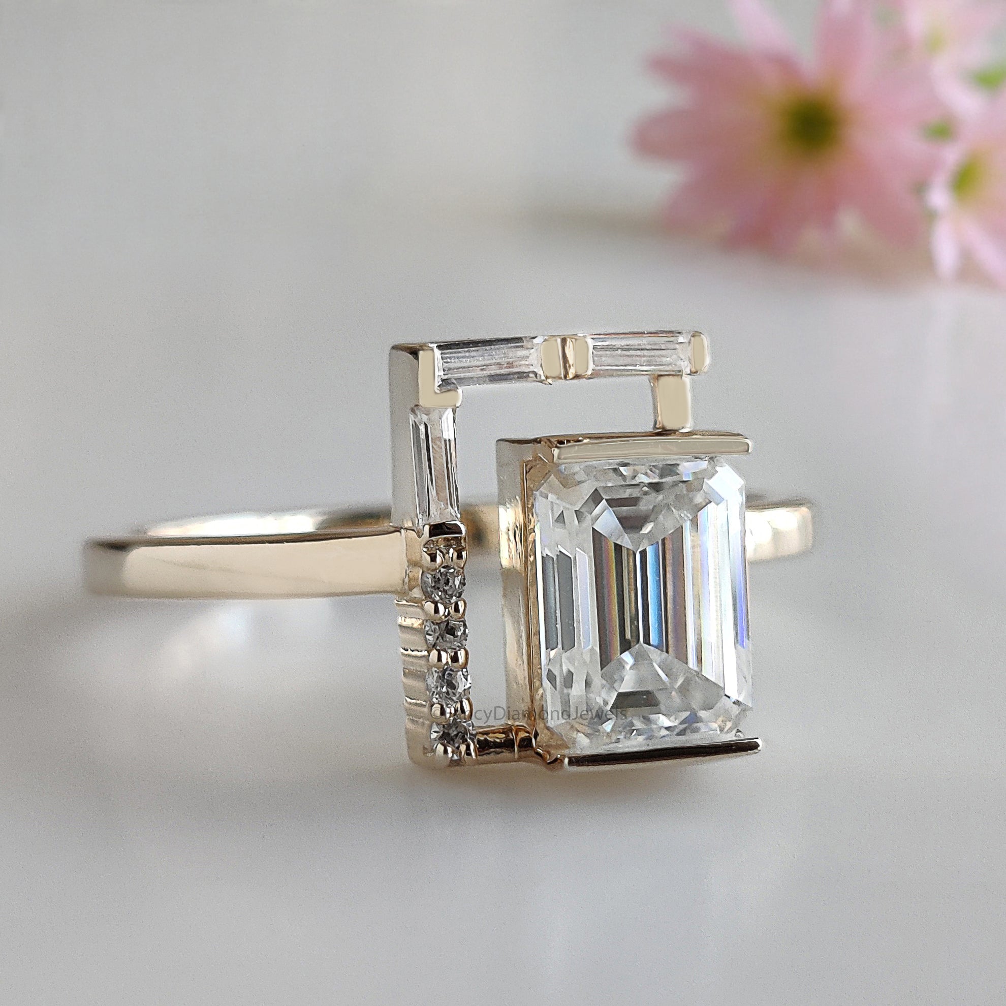 1.05 CT Emerald cut Lab Grown Baguette Diamond Engagement Ring Emerald Diamond Statement ring Half Bezel Set Emerald Ring for Her FD469
