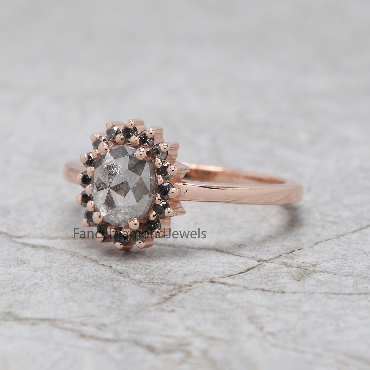 1.06 Ct Natural Oval Salt And Pepper Diamond Ring 6.55 MM Oval Cut Diamond Ring 14K Solid Rose Gold Silver Engagement Ring Oval Ring QL1791
