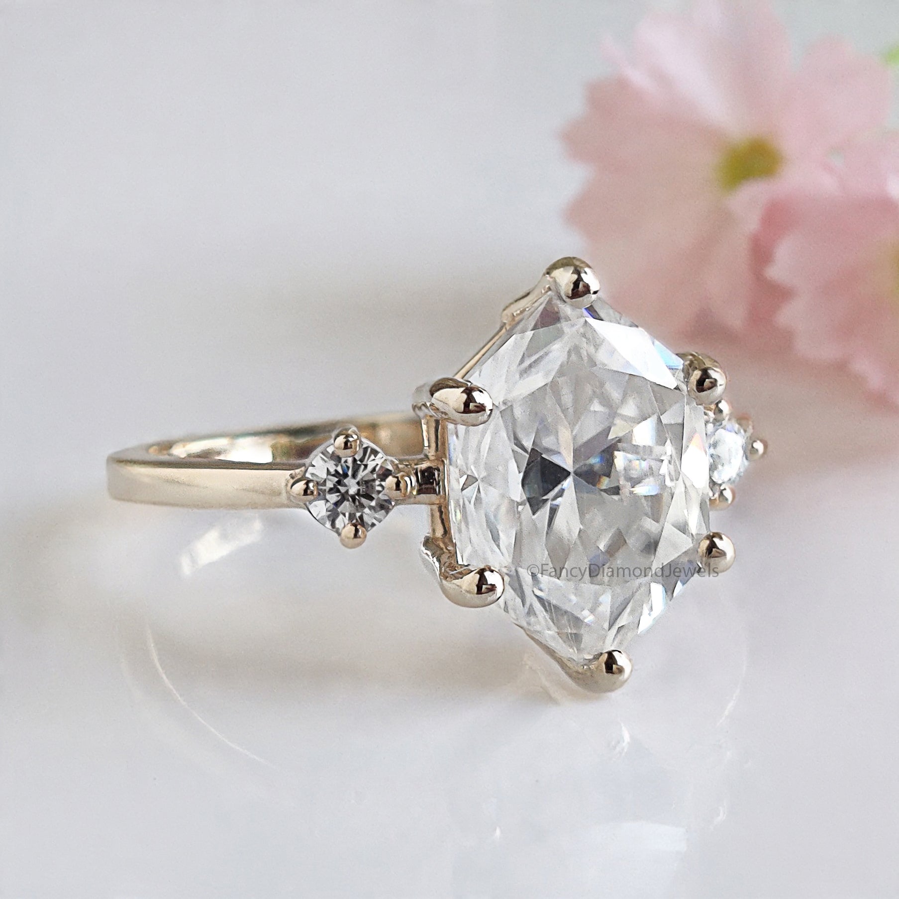 2.35 CT Hexagon cut Lab Grown Diamond Engagement Ring Three Stone Diamond ring Prong Set Hexagon Ring Gift for Her Wedding Ring FD472