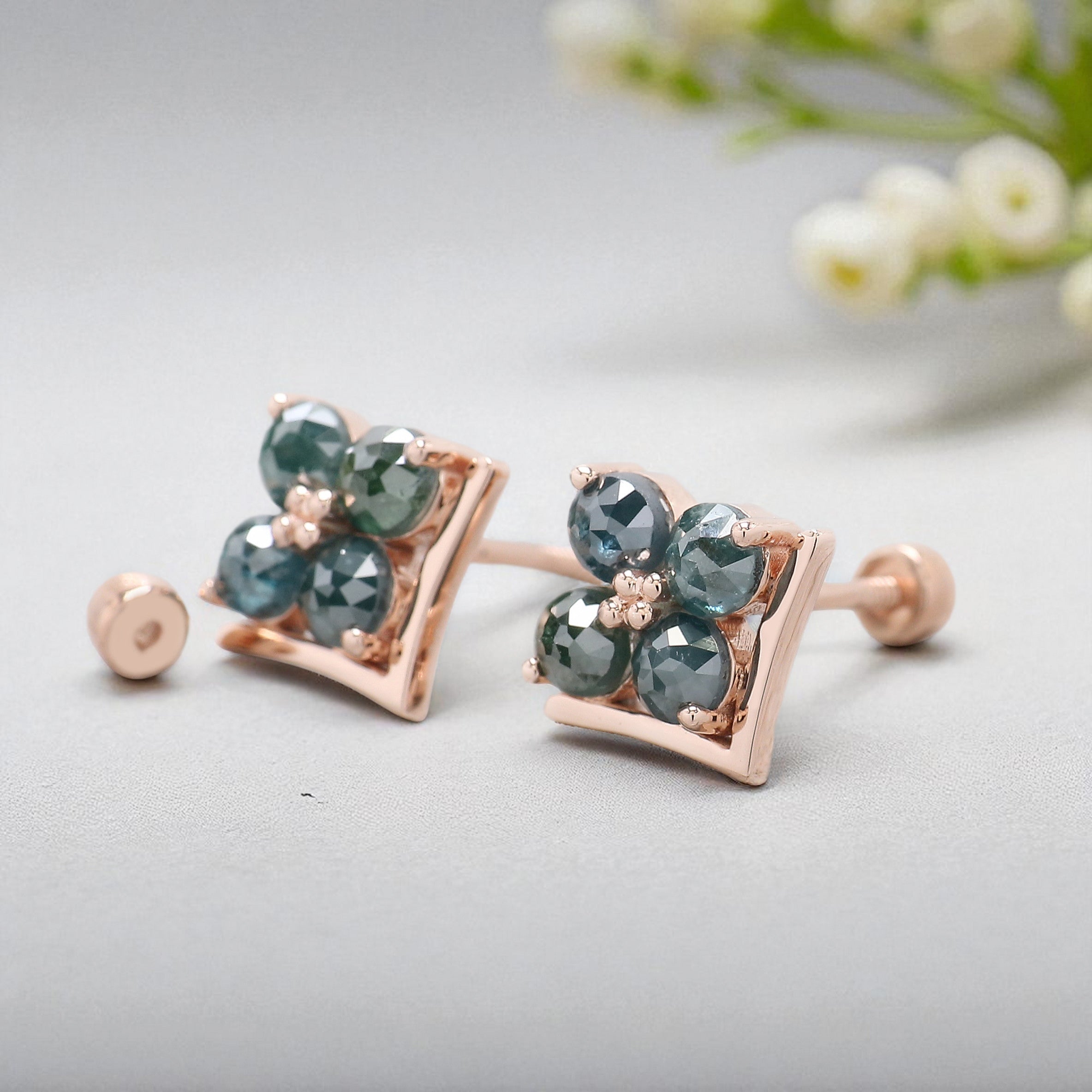 Round Rose Cut Blue Color Diamond Earring Round Rose Shape Earring Prong Earring Engagement Earring Earlobe Earrings Gift For Her KDN7006