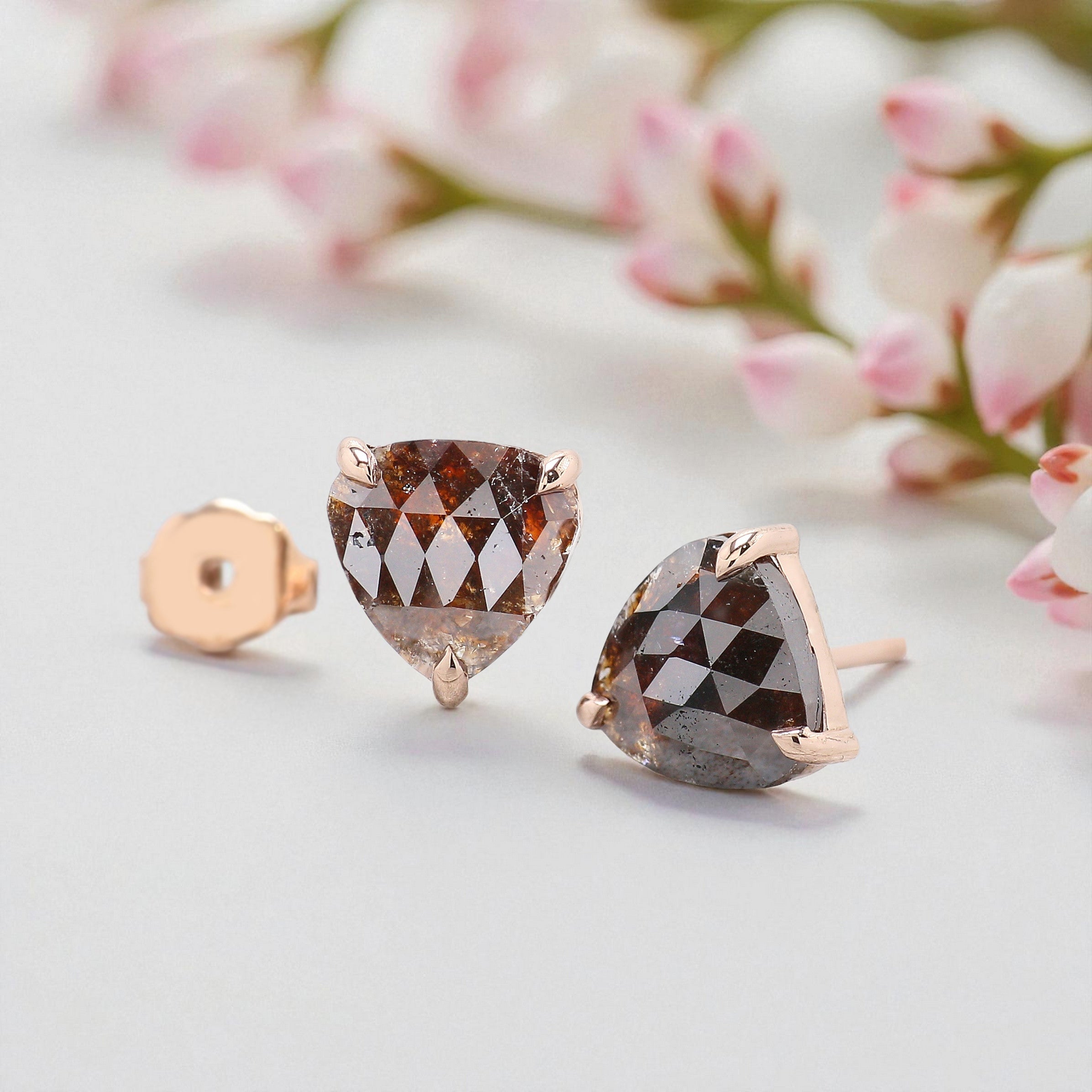 Heart Brown Color Diamond Earring 2.58 Ct 7.80 MM Heart Diamond Earring 14K Solid Rose Gold Silver Rose Cut Earring Gift For Her KDL6880