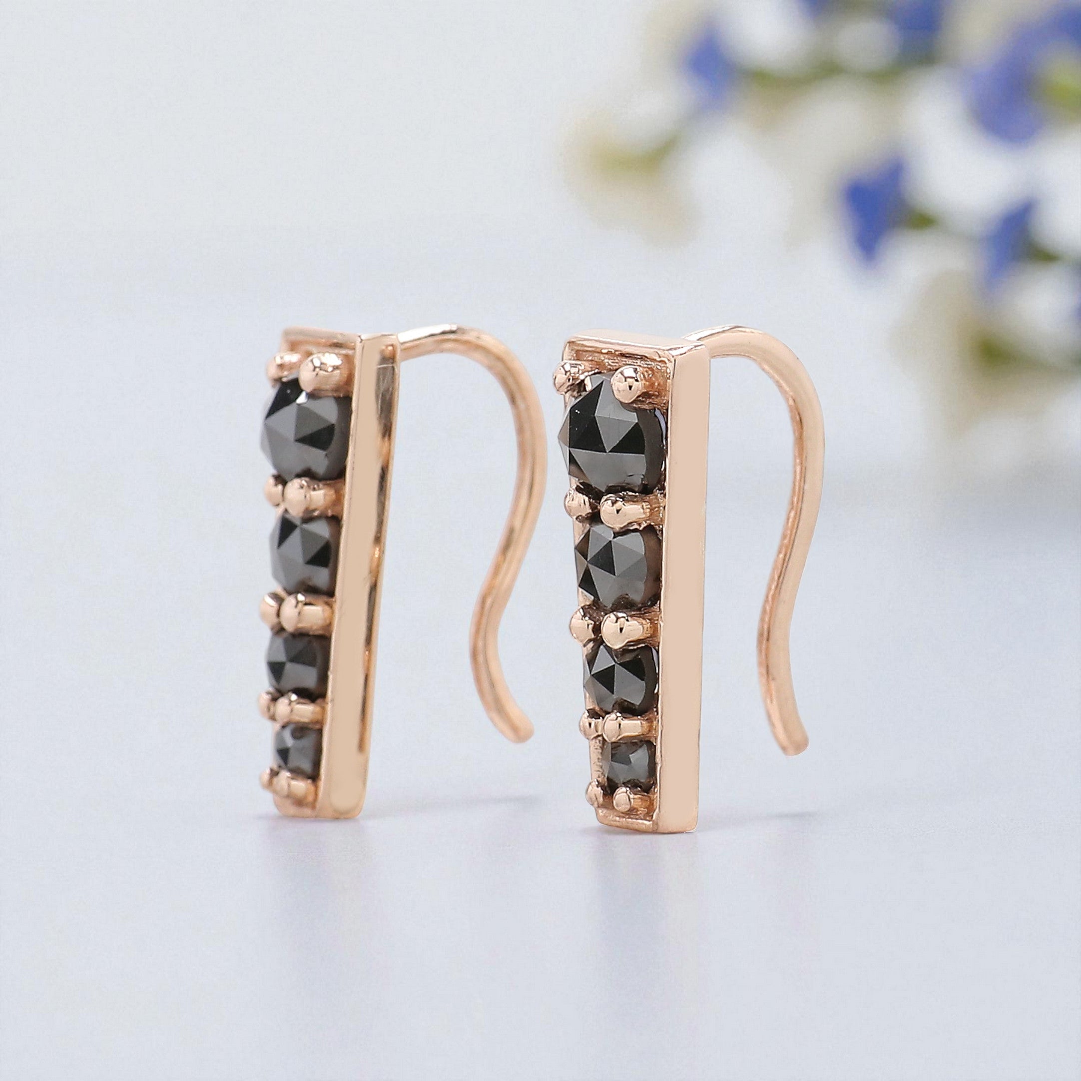 Round Rose Cut Black Color Diamond Earring 0.75 CT Round Diamond Earring 14K Solid Rose Gold Silver Round Cut Earring Gift For Her KD949