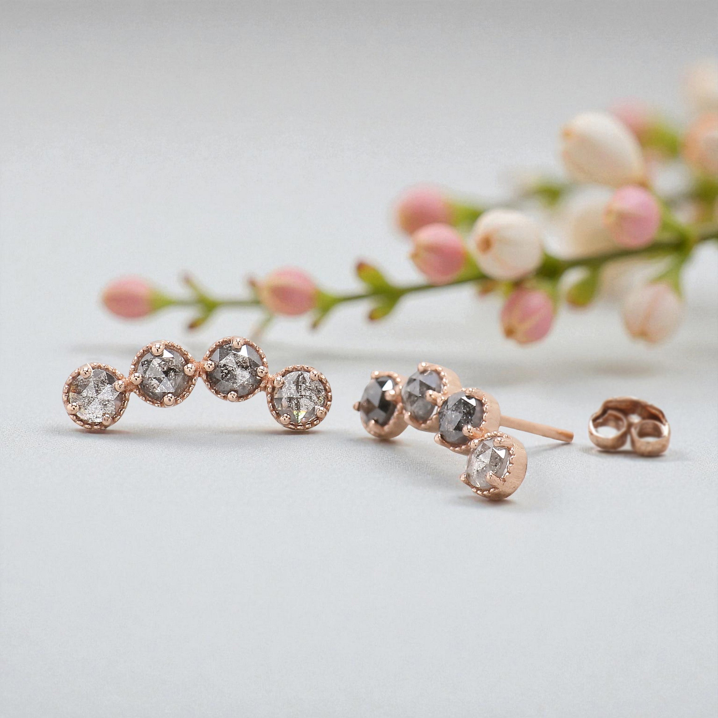 Round Rose Cut Salt And Pepper Diamond Earring 1.40 Ct 3.70 MM Round Diamond Earring 14K Solid Rose Gold Silver Earring Gift For Her KDL2391