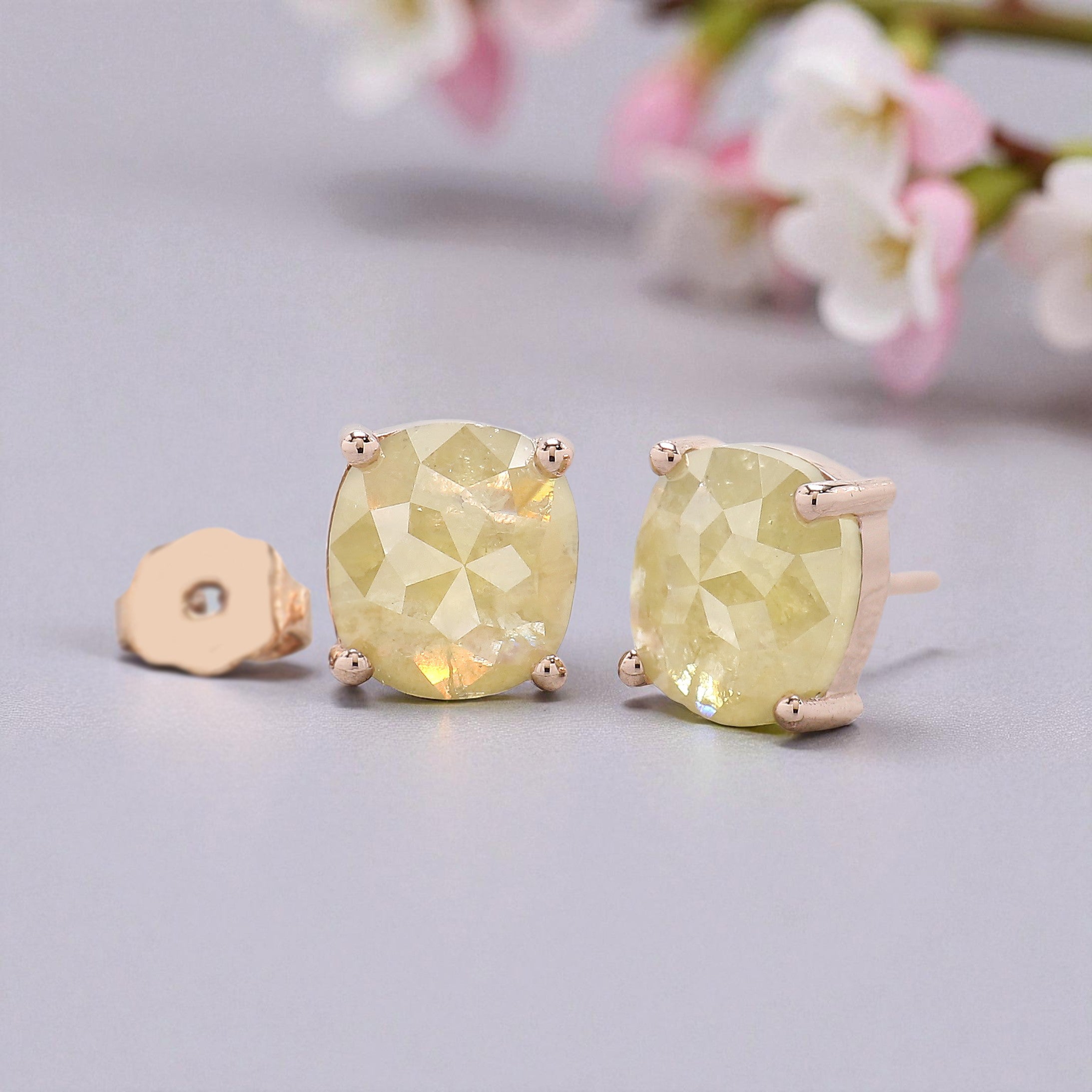 Cushion Yellow Color Diamond Earring 3.01 Ct 7.90 MM Cushion Diamond Earring 14K Rose Gold Silver Engagement Earring Gift For Her KDN9872