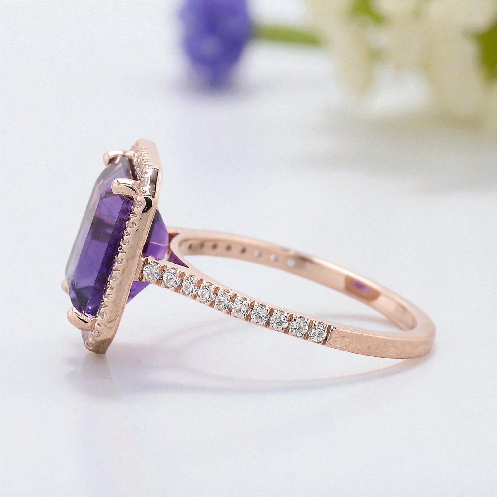 3.40 CT Emerald Cut Purple Amethyst Engagement Ring Rose Gold Ring Emerald Shape Diamond Wedding Ring Unique Vintage Ring Gift For Her FD423